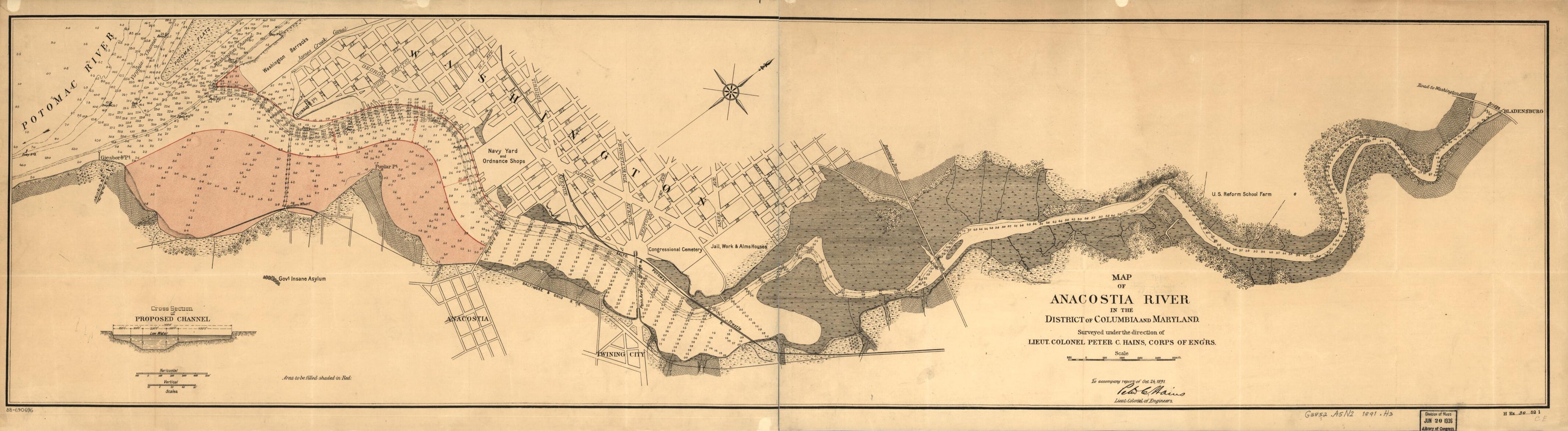 This old map of Map of Anacostia River In the District of Columbia and Maryland from 1891 was created by Peter C. (Peter Conover) Hains, United States. Army. Corps of Engineers in 1891