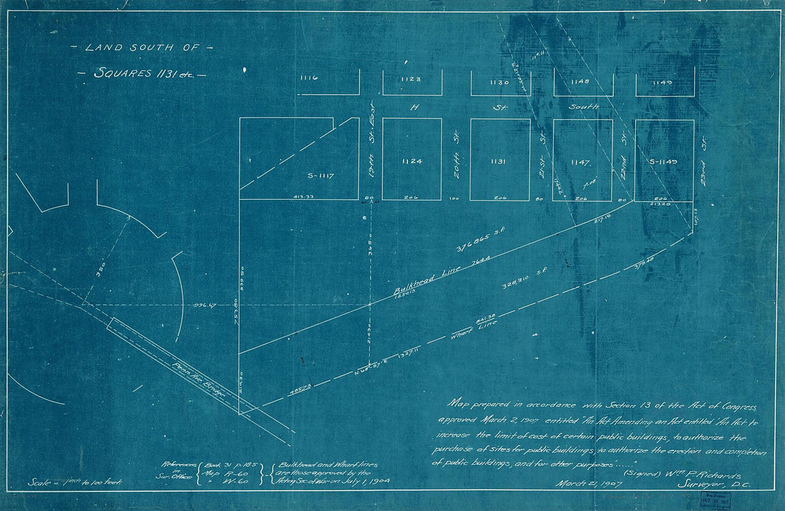 This old map of Land South of Squares 1131 Etc. : S.E. Washington D.C. from 1907 was created by District of Columbia. Office of the Surveyor, Wm. P. (William P.) Richards in 1907