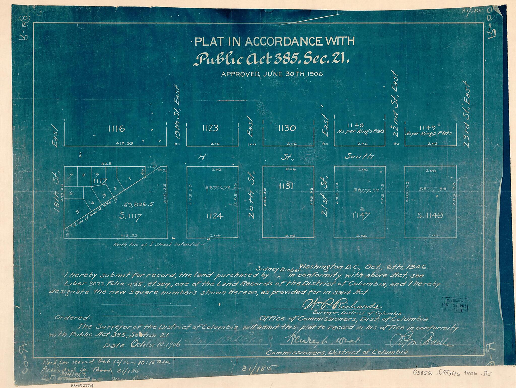This old map of Plat In Accordance With Public Act 385, Sec. 21 : Approved June 30th from 1906 : Washi was created by Sidney Bieber, District of Columbia. Office of the Surveyor, Wm. P. (William P.) Richards in 1906