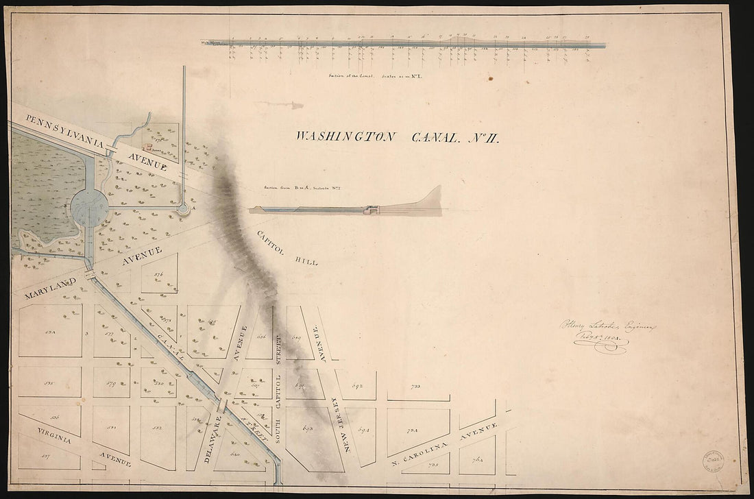 This old map of Plan of the Washington Canal : No. I from 1804 was created by Benjamin Henry Latrobe in 1804