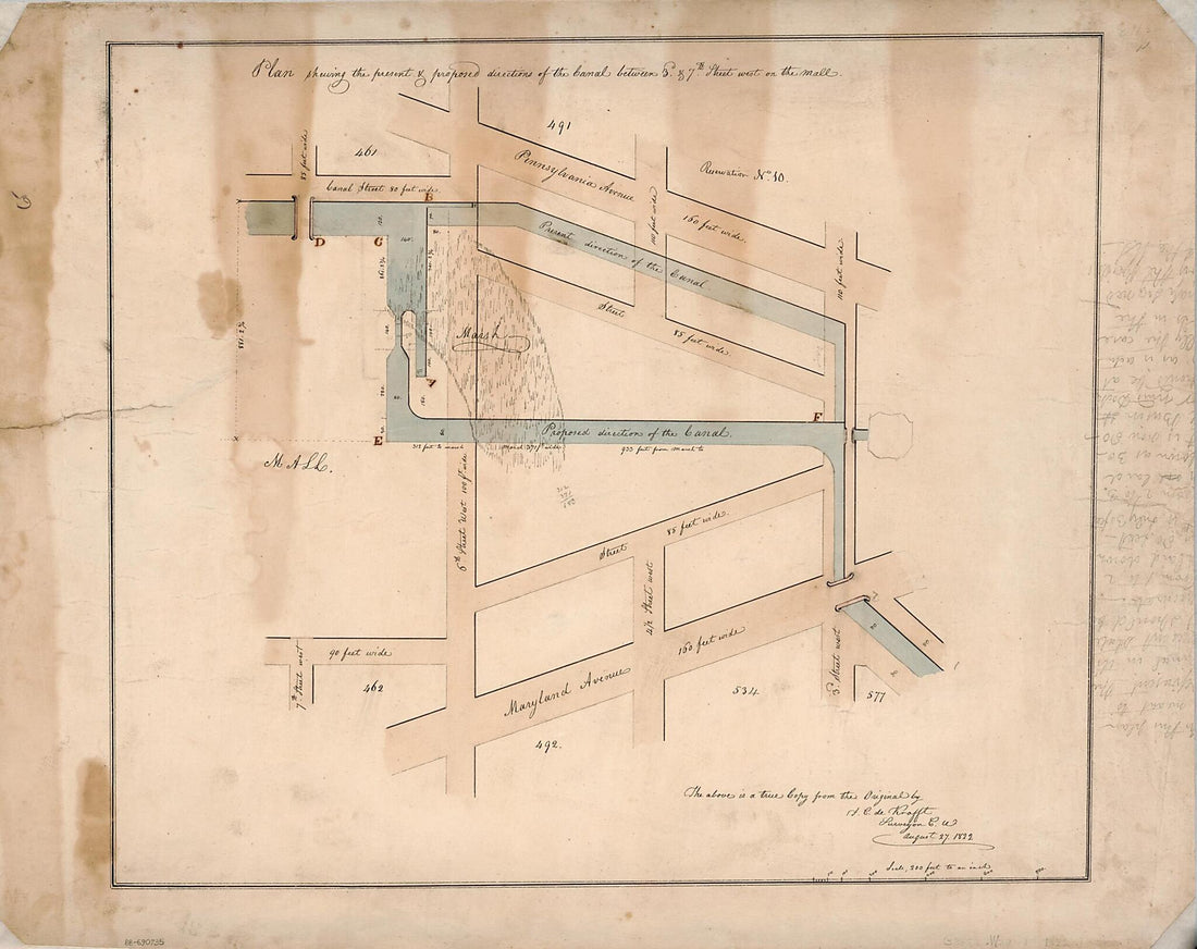 This old map of Plan Shewing the Present & Proposed Directions of the Canal Between 3d & 7th Street West On the Mall : Washington D.C. from 1822 was created by F. C. De Krafft, District of Columbia. Office of the Surveyor in 1822