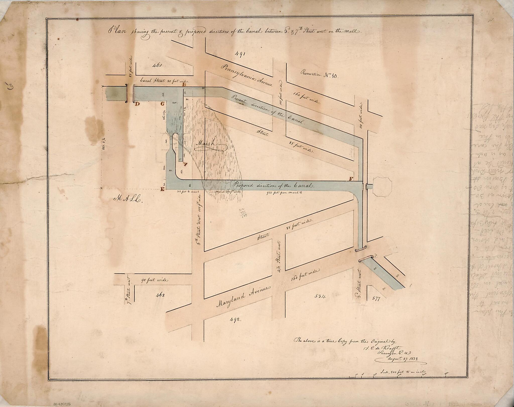 This old map of Plan Shewing the Present & Proposed Directions of the Canal Between 3d & 7th Street West On the Mall : Washington D.C. from 1822 was created by F. C. De Krafft, District of Columbia. Office of the Surveyor in 1822