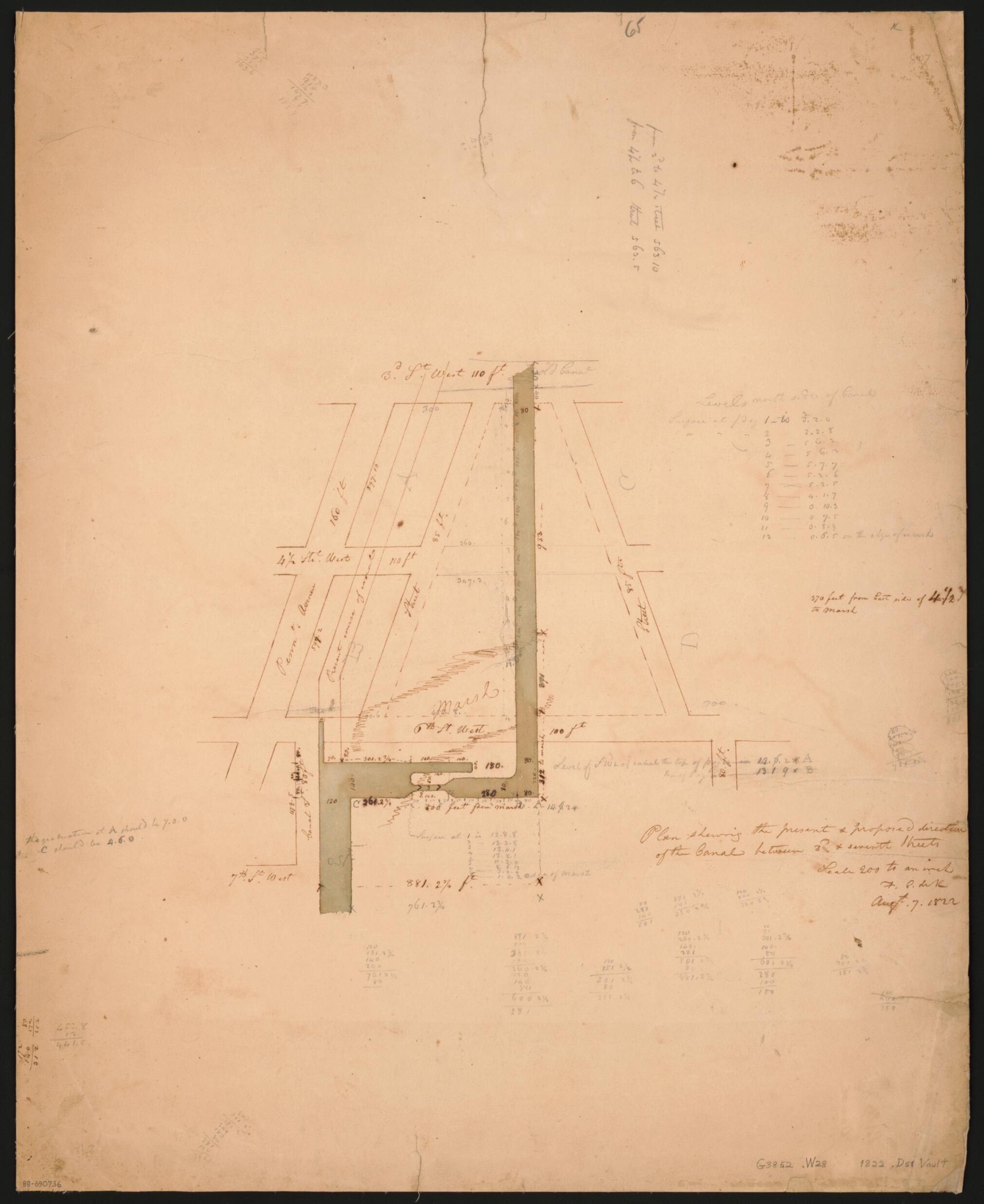 This old map of Plan Shewing the Present & Proposed Direction of the Canal Between 3d & Seventh Streets : Washington D.C. from 1822 was created by F. C. De Krafft, District of Columbia. Office of the Surveyor in 1822