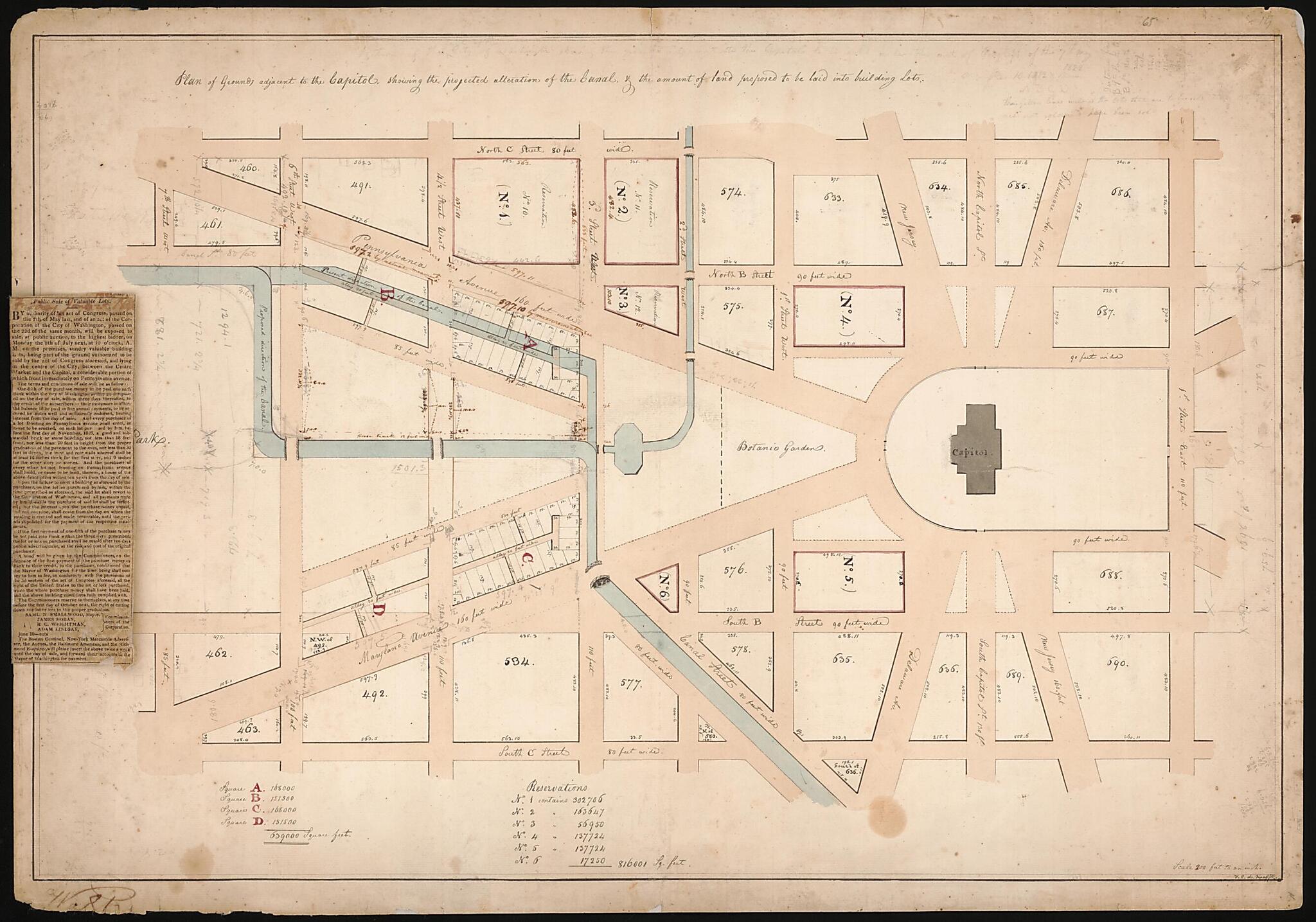 This old map of Plan of Grounds Adjacent to the Capitol Showing the Projected Alteration of the Canal & the Amount of Land Proposed to Be Laid Into Building Lots from 1822 was created by F. C. De Krafft in 1822