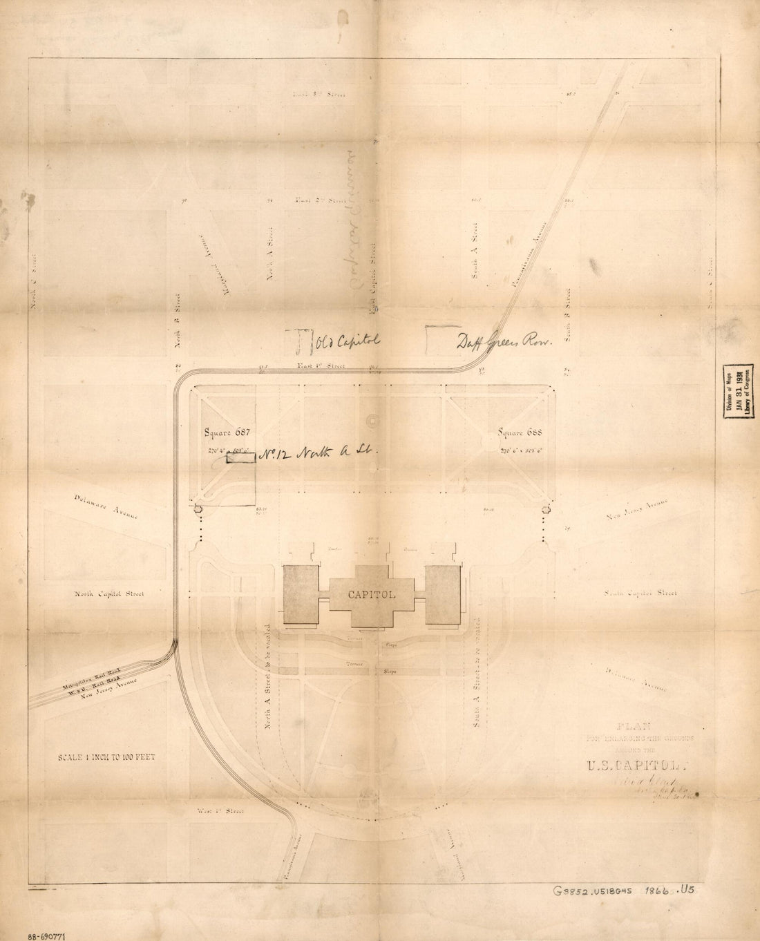 This old map of Plan for Enlarging the Grounds Around the U.S. Capitol from 1866 was created by United States. Architect of Extension of Capitol in 1866