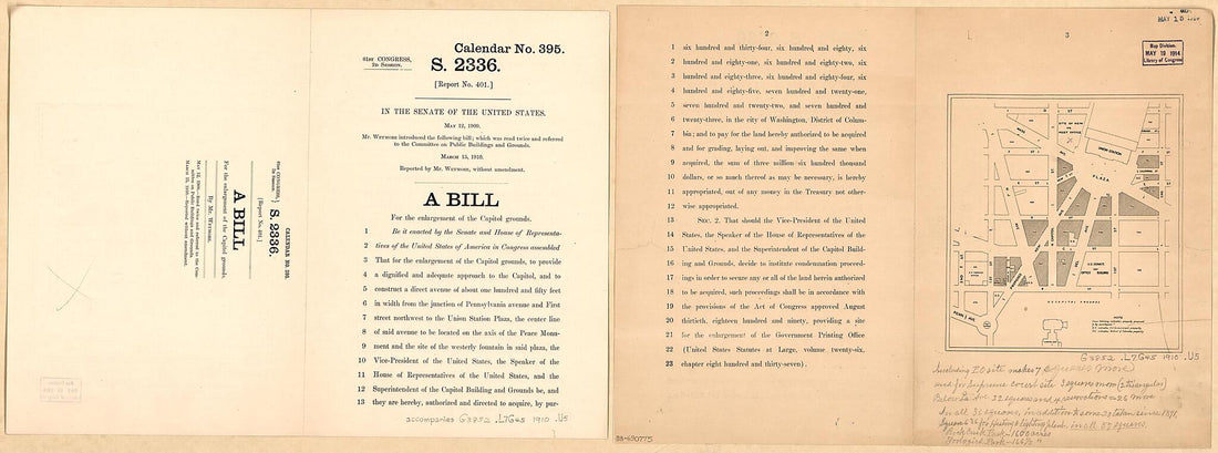 This old map of Map of Proposed Enlargement of the Capitol Grounds and the Construction of Louisiana Avenue Between Pennsylvania Avenue and Union Station Plaza, Washington D.C. from 1910 was created by United States. Congress. Senate in 1910