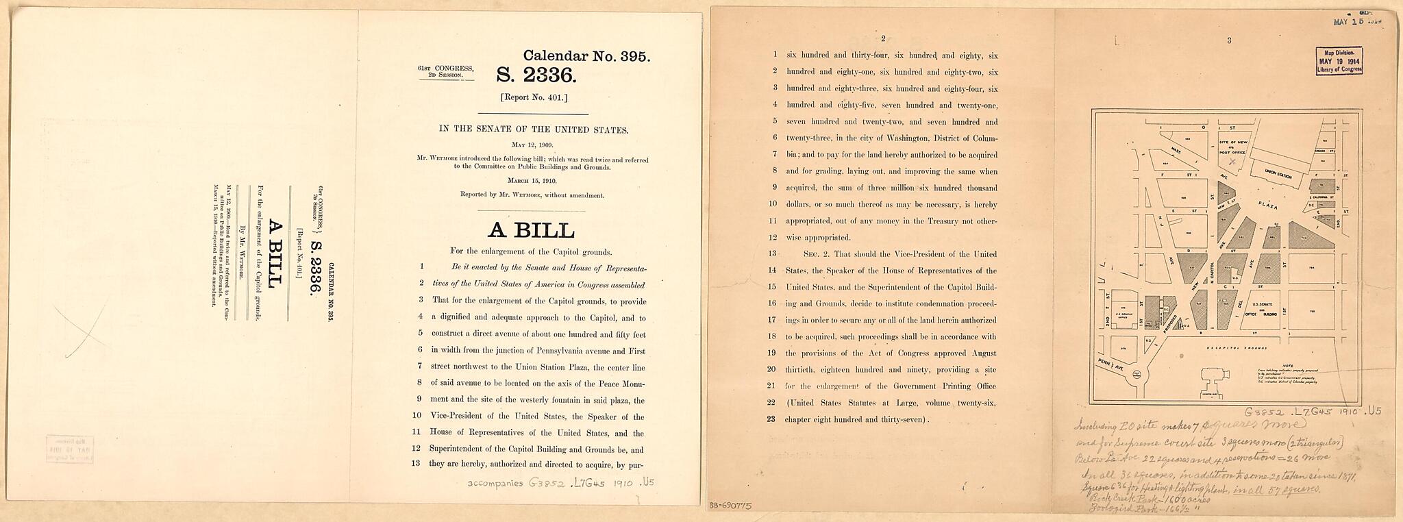 This old map of Map of Proposed Enlargement of the Capitol Grounds and the Construction of Louisiana Avenue Between Pennsylvania Avenue and Union Station Plaza, Washington D.C. from 1910 was created by United States. Congress. Senate in 1910