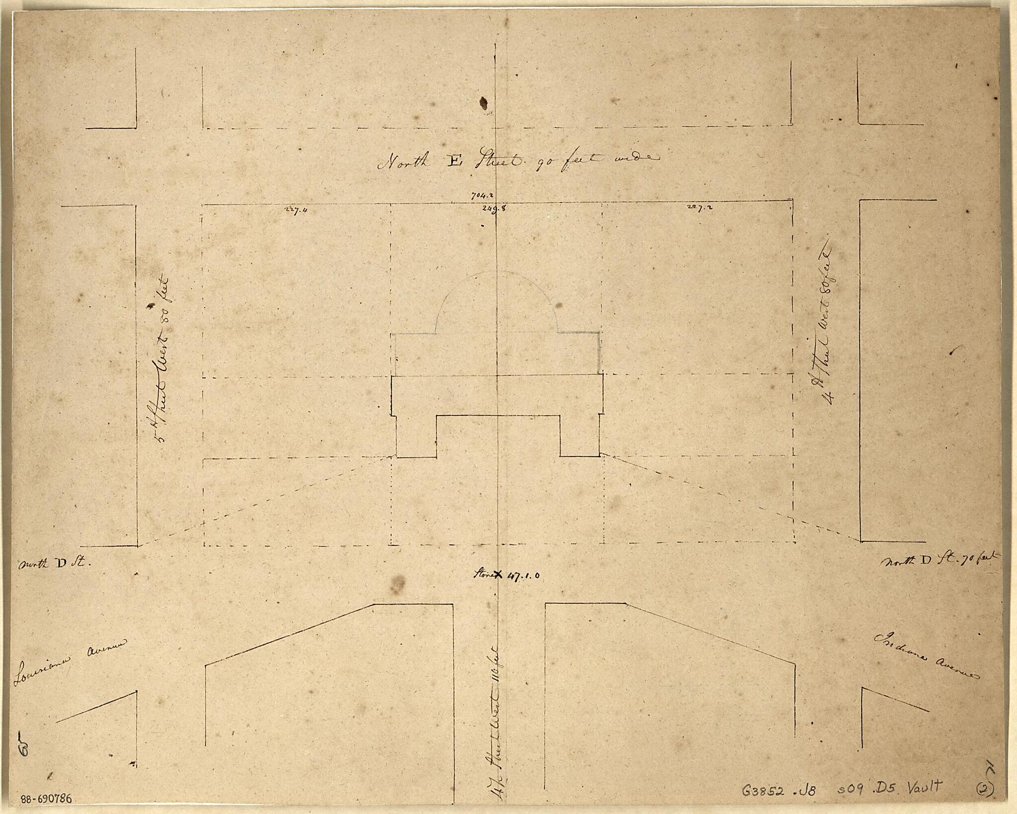 This old map of Plan of the Present Situation of the City Hall On the Square Between North D & E Streets & Between 4th & 5th Streets West from 1826 was created by F. C. De Krafft, District of Columbia. Office of the Surveyor in 1826