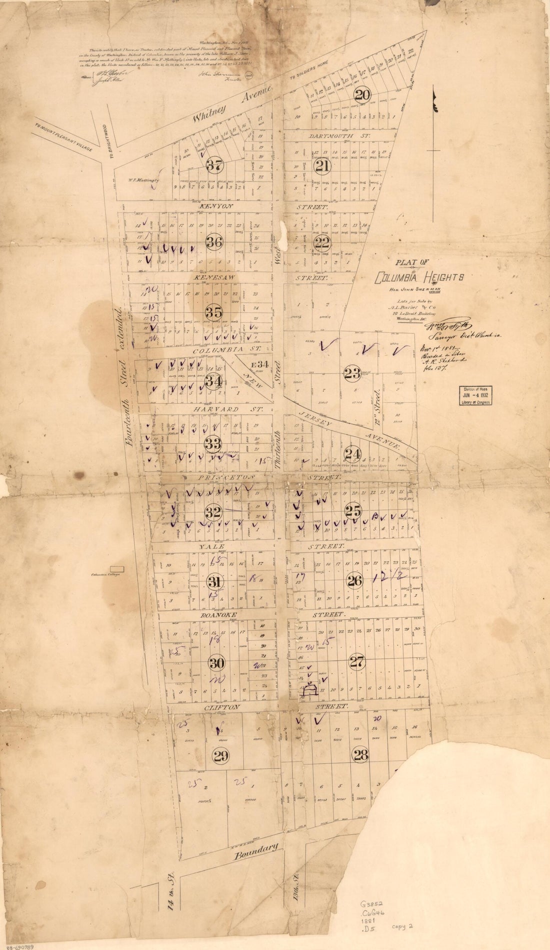 This old map of Plat of Columbia Heights : Hon. John Sherman, Trustee from 1881 was created by A.L. Barber and Co, District of Columbia. Office of the Surveyor, William Forsyth, John Sherman in 1881