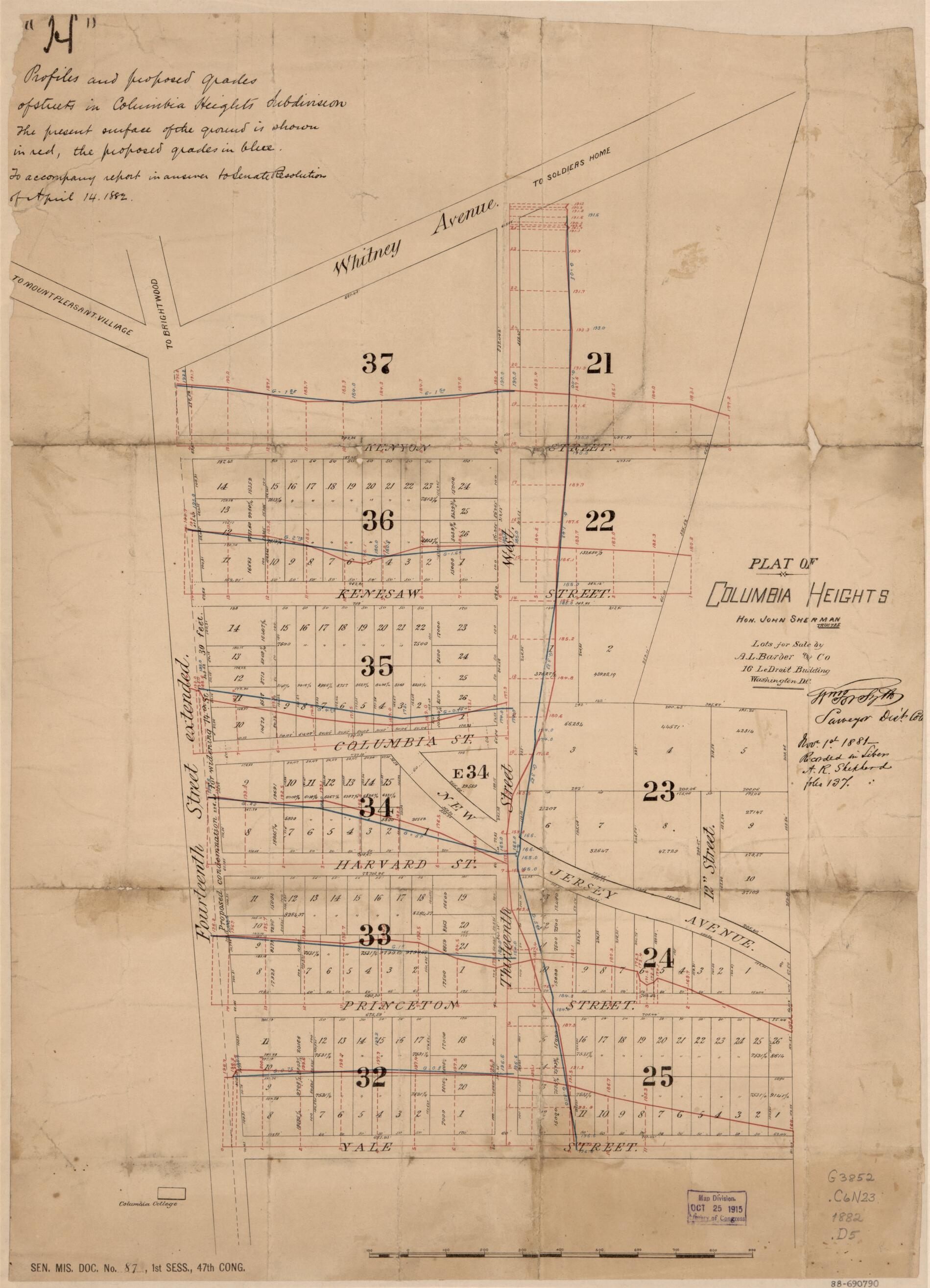 This old map of Plat of Columbia Heights : Hon. John Sherman, Trustee from 1882 was created by A.L. Barber and Co, District of Columbia. Office of the Surveyor, William Forsyth, John Sherman in 1882