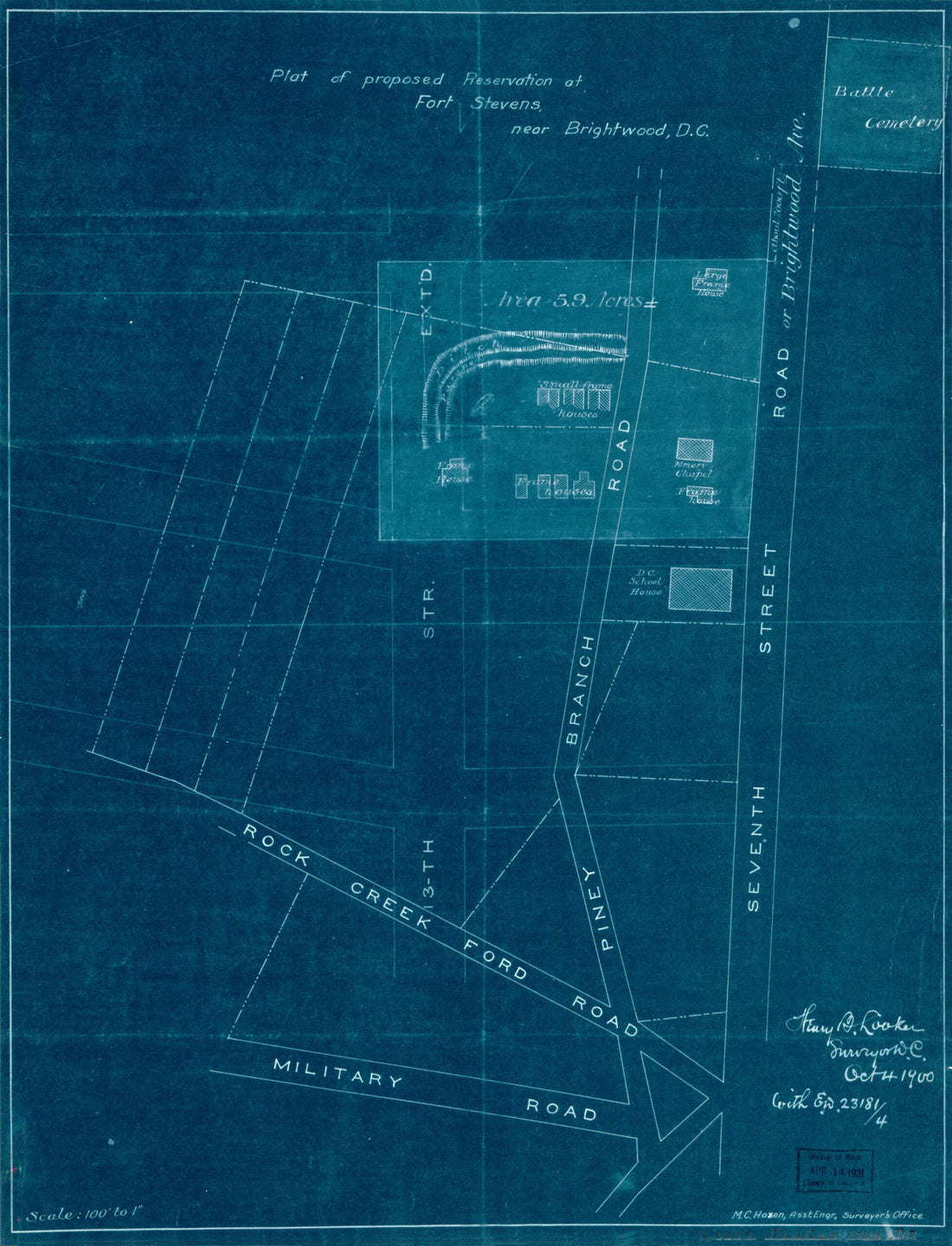 This old map of Plat of Proposed Reservation at Fort Stevens, Near Brightwood, D.C from 1900 was created by District of Columbia. Office of the Surveyor, M. C. Hazen, Henry B. Looker in 1900