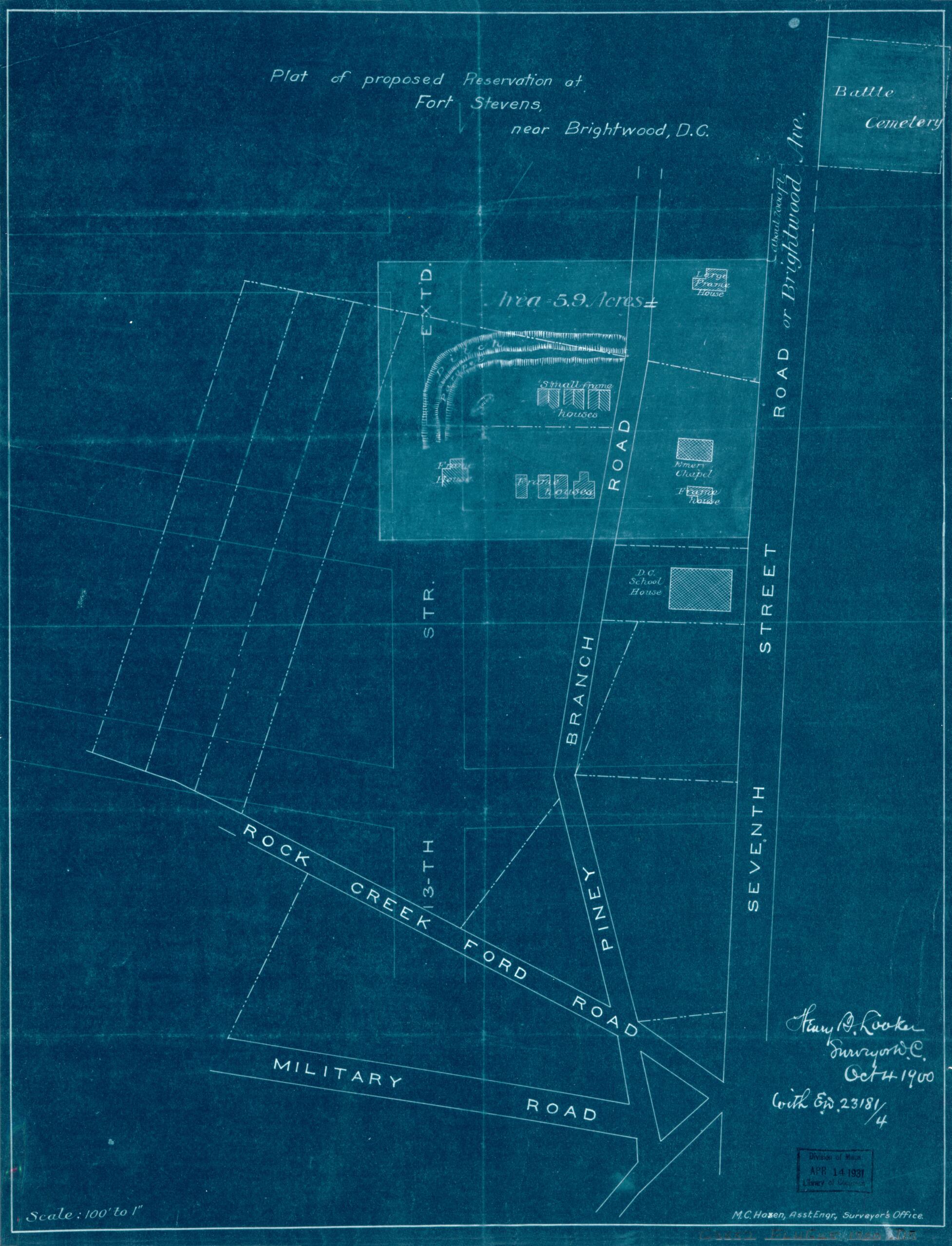 This old map of Plat of Proposed Reservation at Fort Stevens, Near Brightwood, D.C from 1900 was created by District of Columbia. Office of the Surveyor, M. C. Hazen, Henry B. Looker in 1900