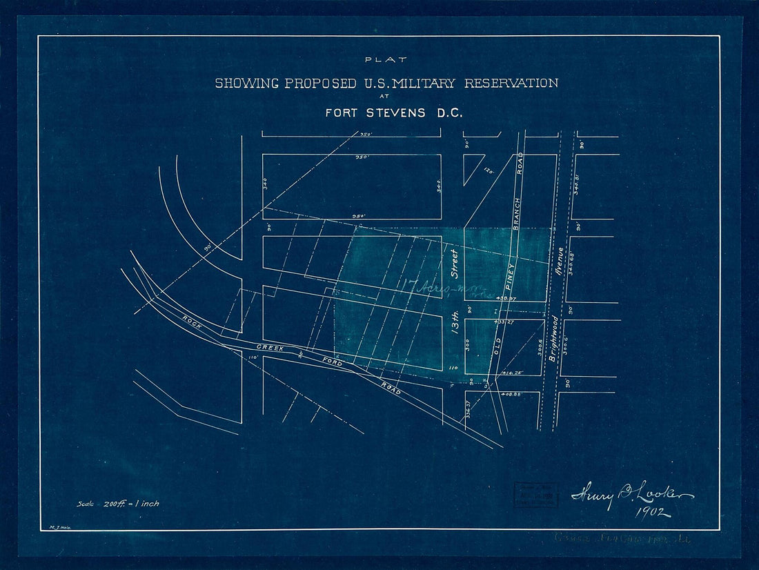 This old map of Plat Showing Proposed U.S. Military Reservation at Fort Stevens D.C from 1902 was created by M. J. Hale, Henry B. Looker in 1902
