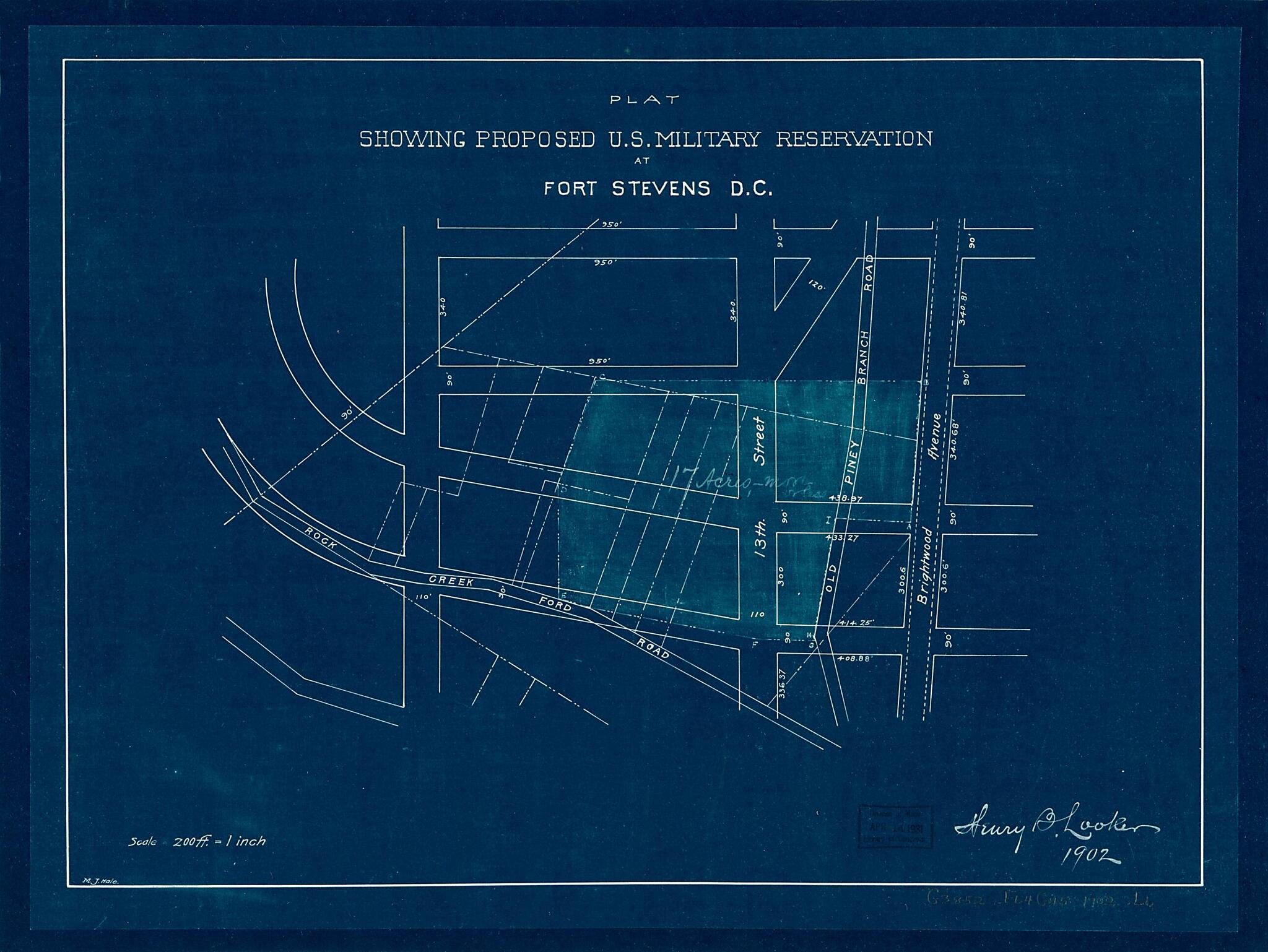 This old map of Plat Showing Proposed U.S. Military Reservation at Fort Stevens D.C from 1902 was created by M. J. Hale, Henry B. Looker in 1902