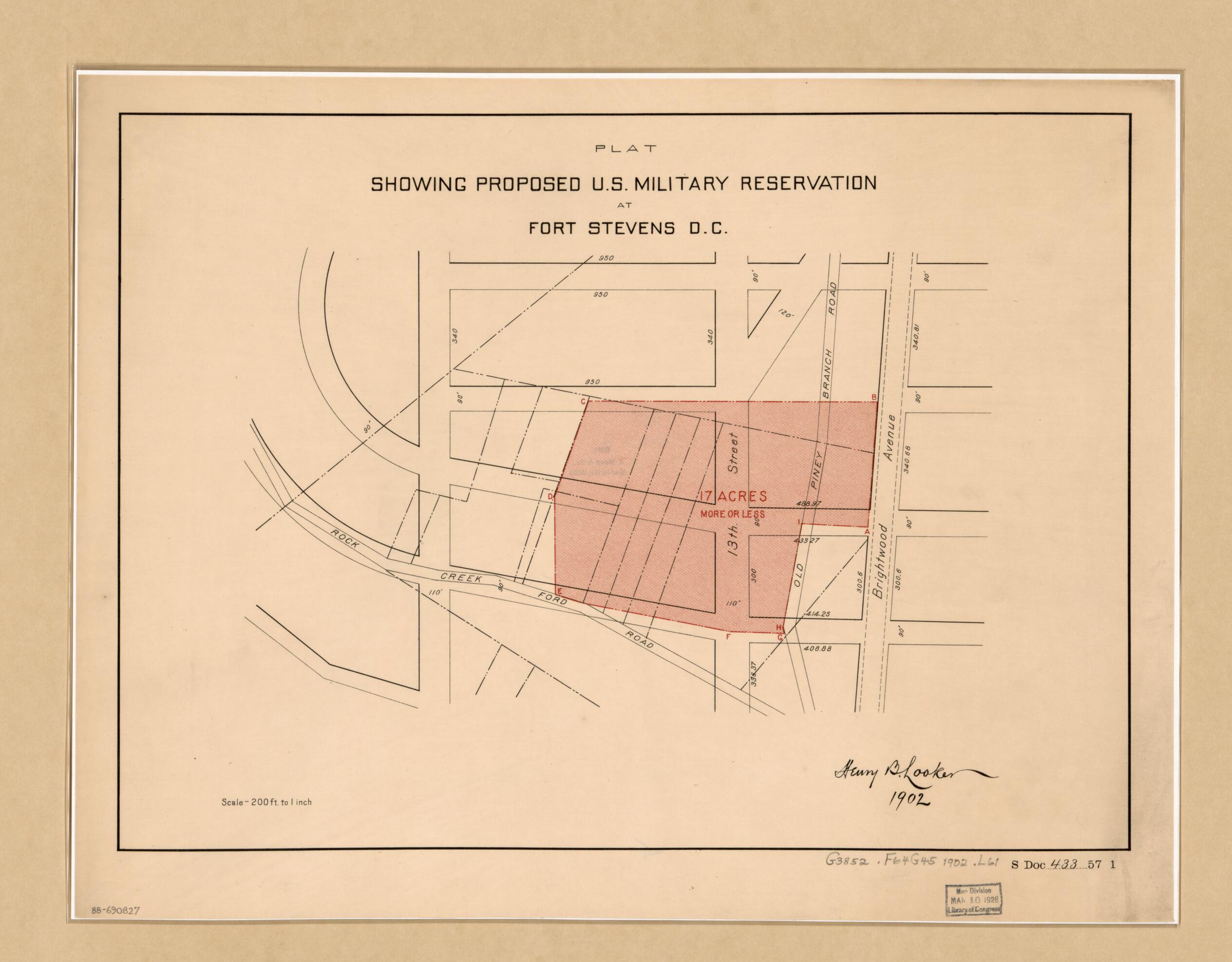 This old map of Plat Showing Proposed U.S. Military Reservation at Fort Stevens D.C from 1902 was created by Henry B. Looker, United States. Congress. Senate in 1902