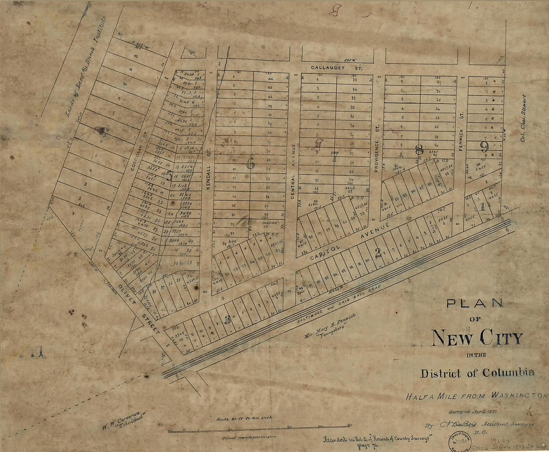This old map of Plan of New City In the District of Columbia : Half a Mile from Washington from 1873 was created by District of Columbia. Office of the Surveyor, N. Dubois in 1873