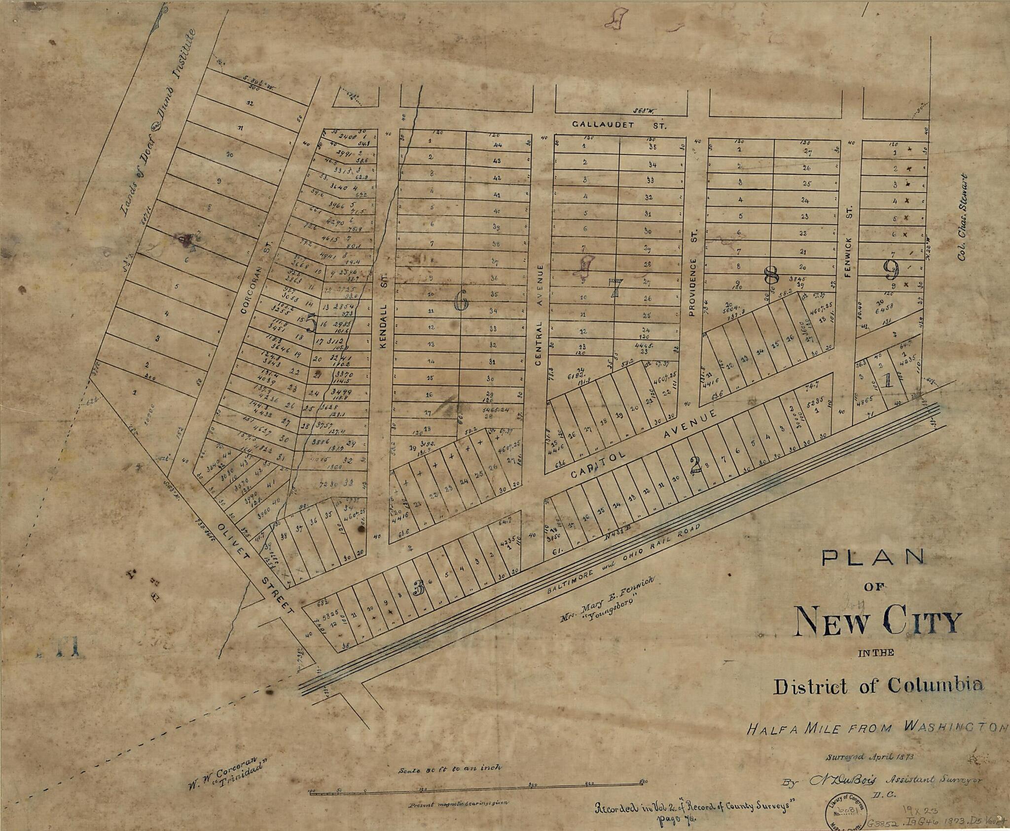 This old map of Plan of New City In the District of Columbia : Half a Mile from Washington from 1873 was created by District of Columbia. Office of the Surveyor, N. Dubois in 1873