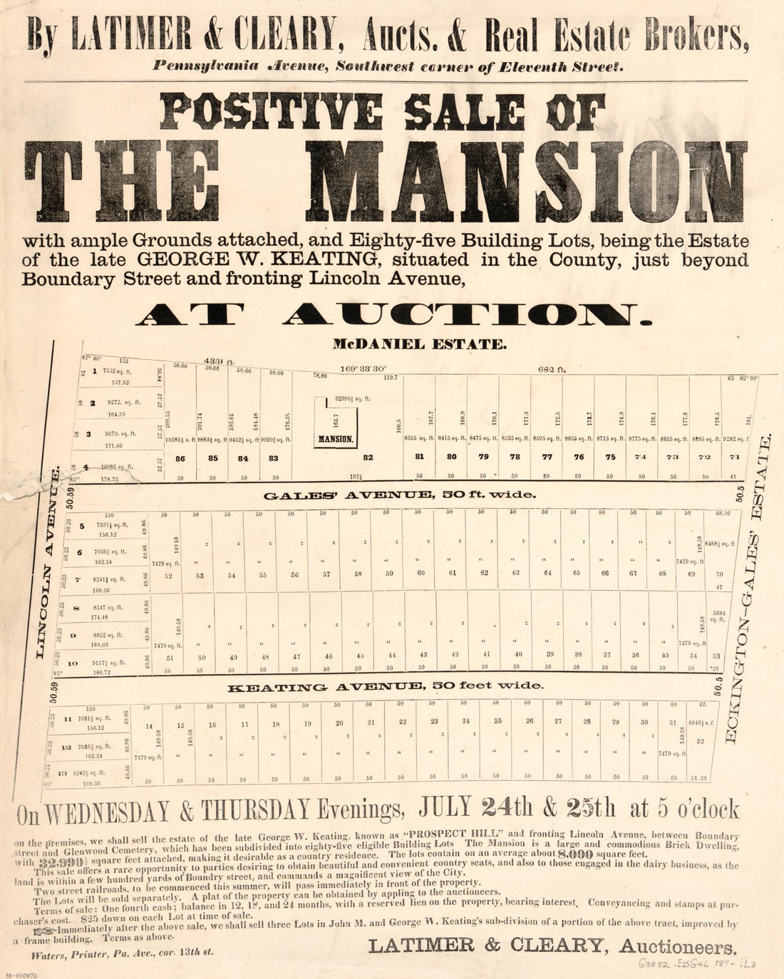 This old map of Five Building Lots, Being the Estate of the Late George W. Keating : Situated In the County Just Beyond Boundary Street and Fronting Lincoln Avenue, at Auction : part of Eckington, Washington D.C. from 1870 was created by Latimer & Clear