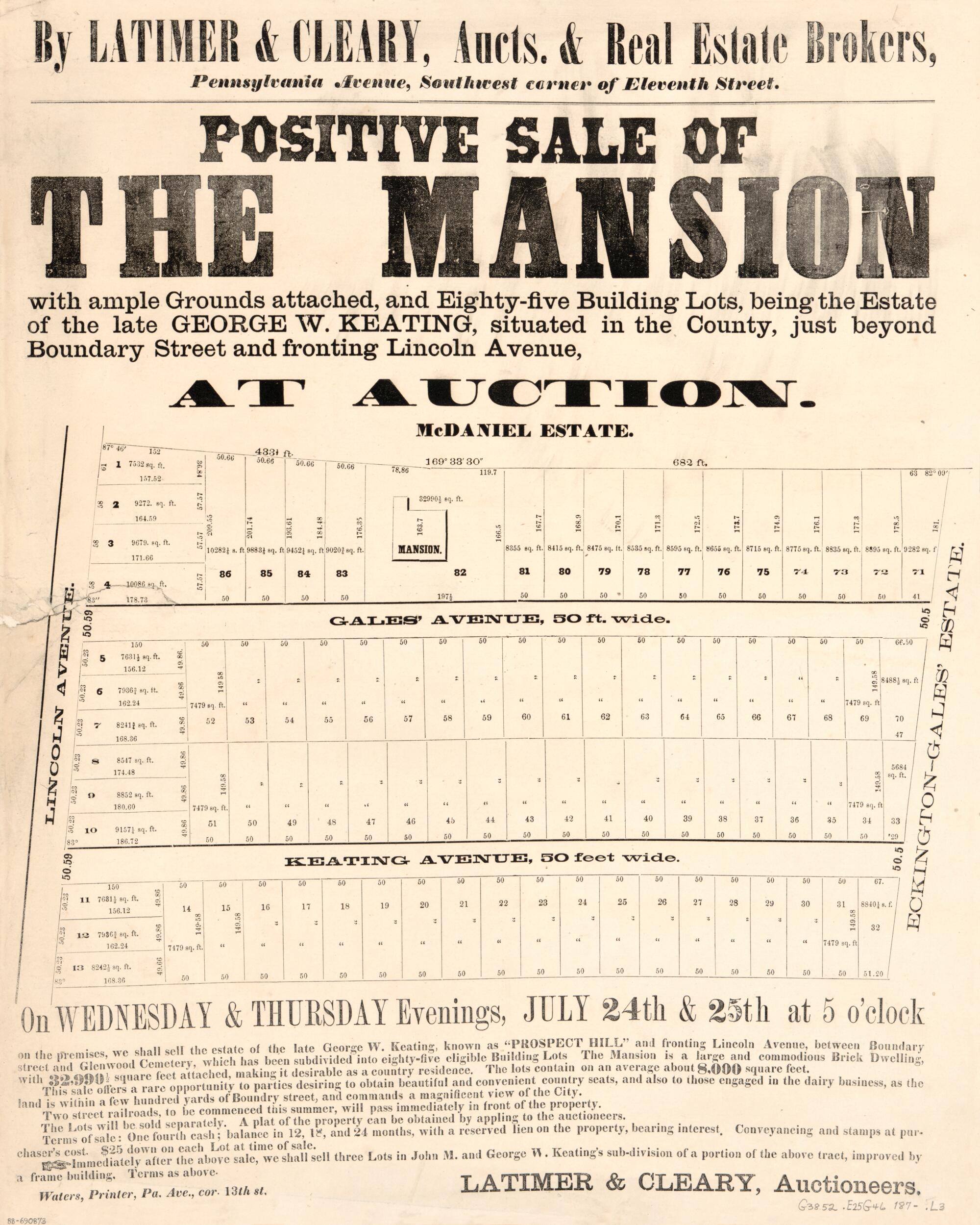 This old map of Five Building Lots, Being the Estate of the Late George W. Keating : Situated In the County Just Beyond Boundary Street and Fronting Lincoln Avenue, at Auction : part of Eckington, Washington D.C. from 1870 was created by Latimer & Clear