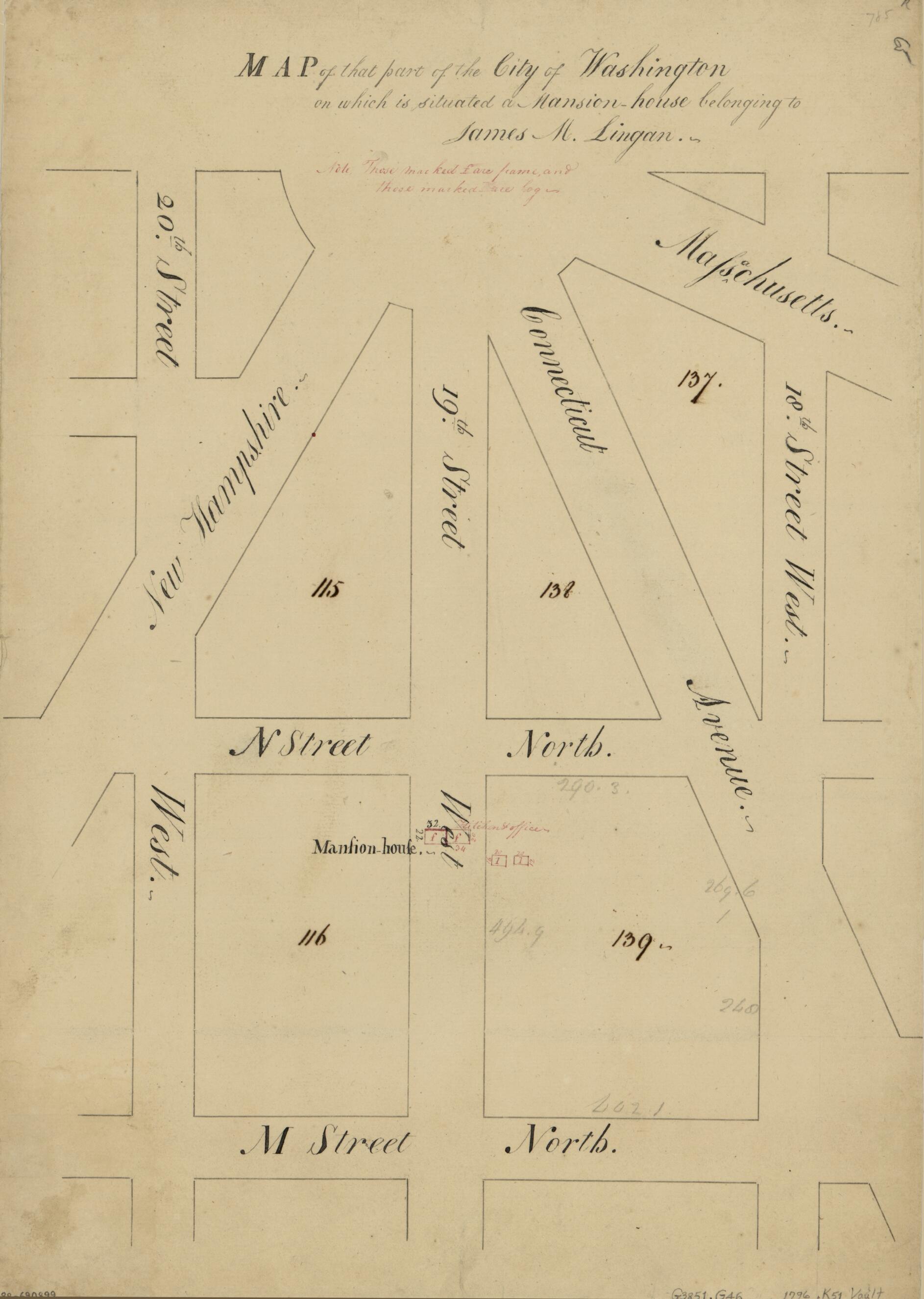 This old map of House Belonging to James M. Lingan from 1796 was created by N. (Nicholas) King in 1796