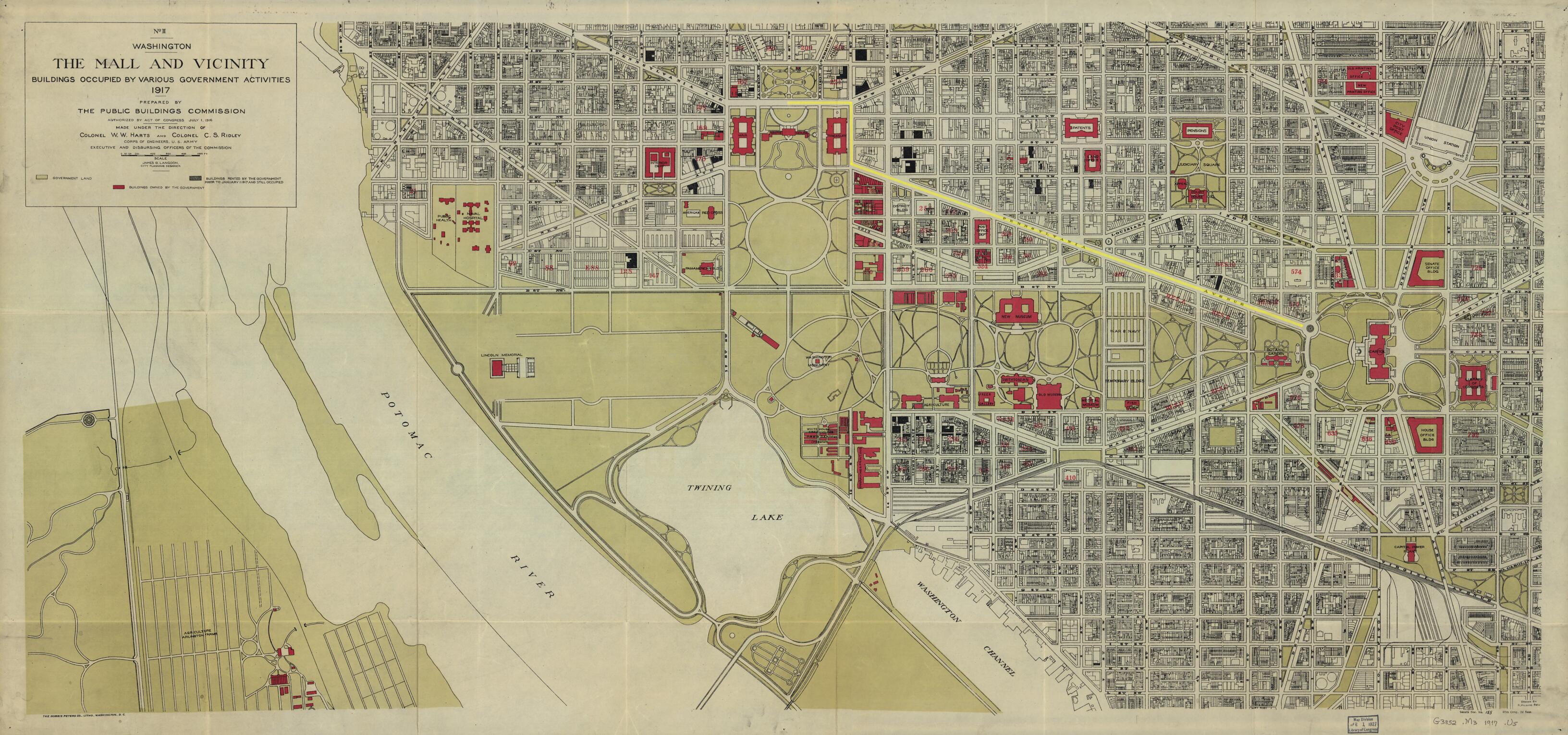 This old map of Washington, the Mall and Vicinity, Public Buildings Occupied by Various Government Activities : from 1917 was created by K. Hilding Beij, W. W. (William Wright) Harts, James G. Langdon, C. S. (Clarence Self) Ridley, United States. Congre