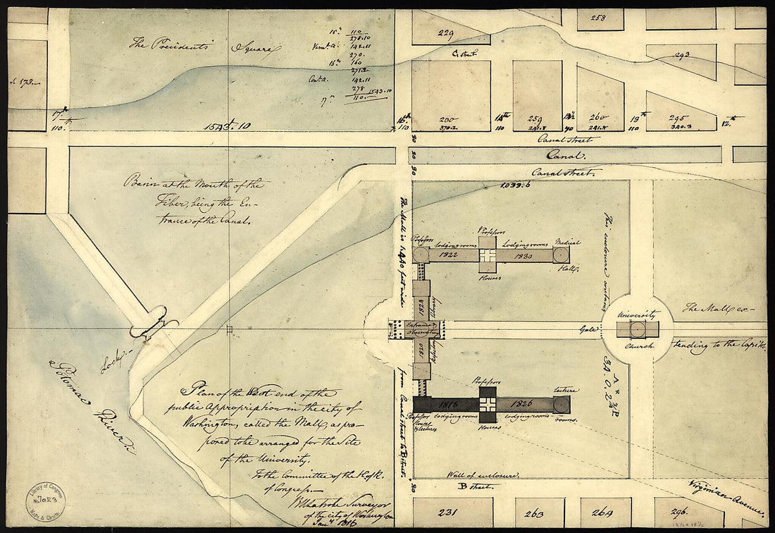 This old map of Plan of the West End of the Public Appropriation In the City of Washington, Called the Mall : As Proposed to Be Arranged for the Site of the University from 1816 was created by District of Columbia. Office of the Surveyor, Benjamin Henry