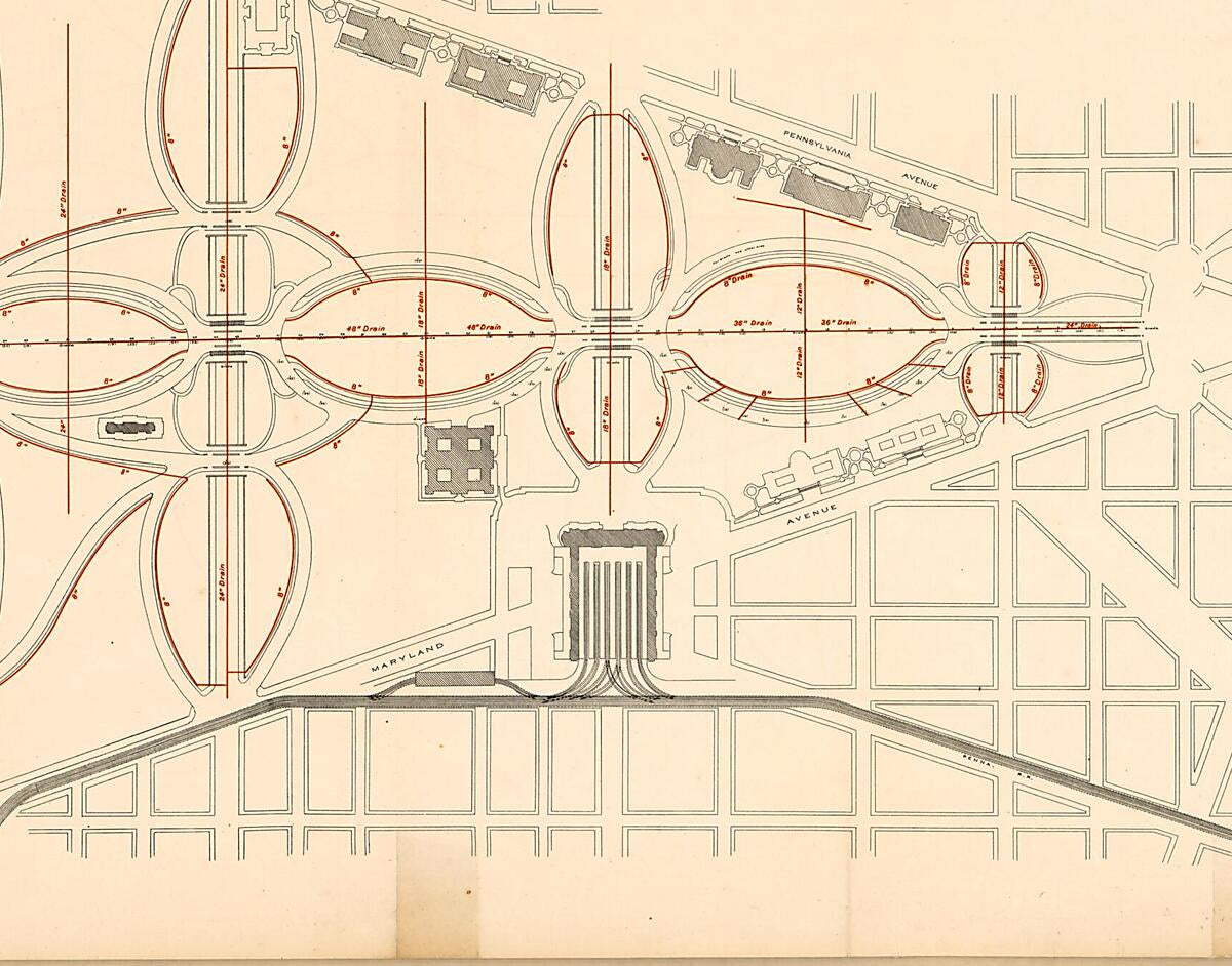 This old map of Working Plan Showing Approximate Grades and Drains for the Treatment of That Section of the District of Columbia Situated South of Pennsylvania Avenue and North of B Street South West Washington D.C from 1900 was created by Theo. A. (Theo