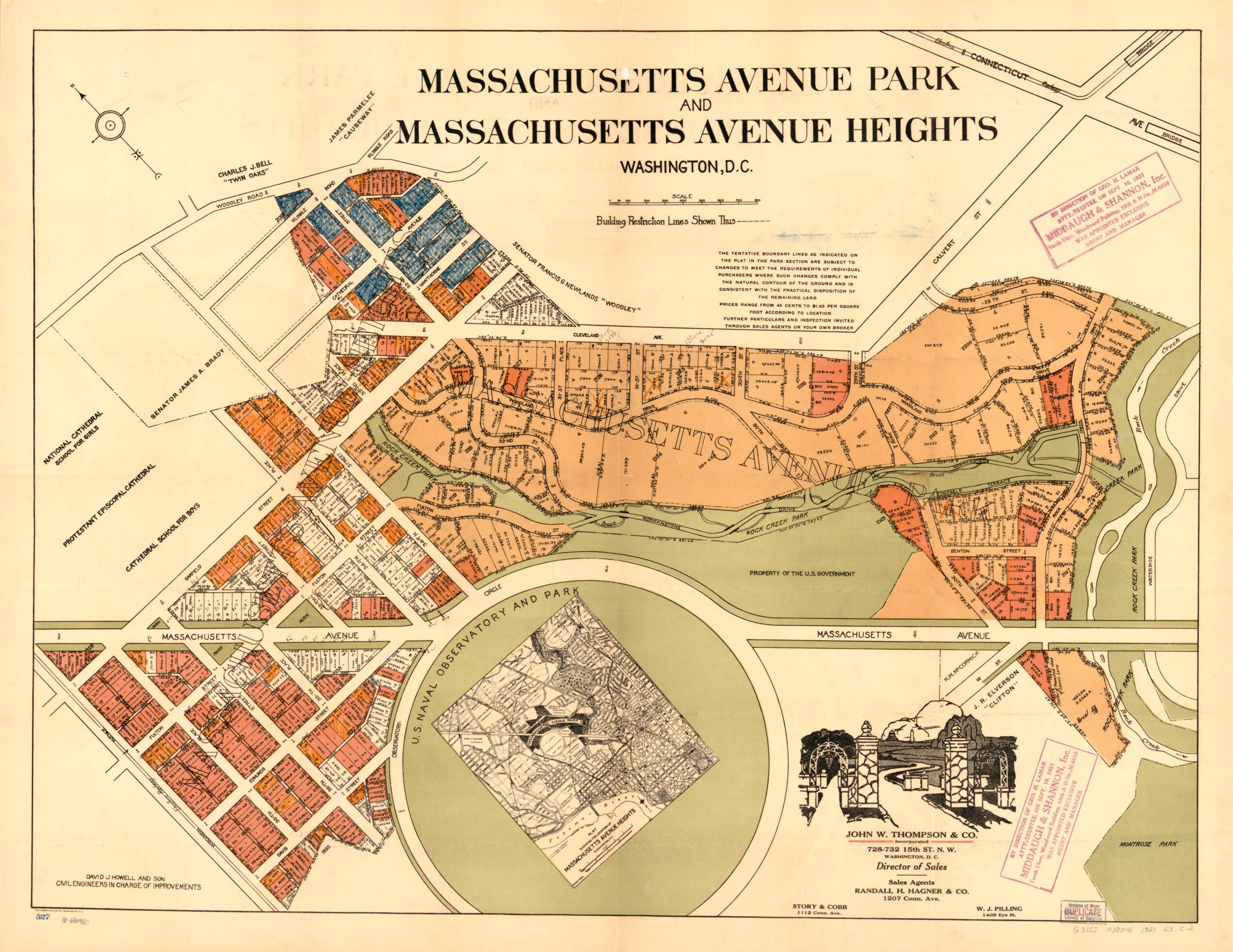 This old map of Massachusetts Avenue Park and Massachusetts Avenue Heights, Washington, D.C from 1921 was created by David J. Howell and Son, John W. Thompson & Co in 1921