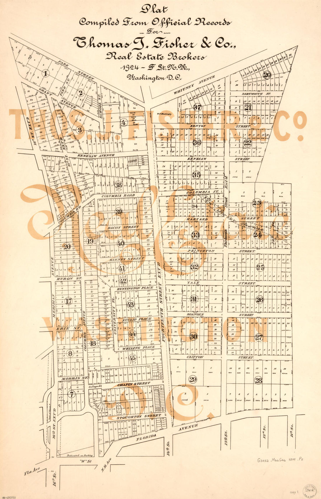 This old map of -F St. N.W., Washington D.C. : parts of Mount Pleasant, Meridian Hill, and Columbia Heights, Washington D.C. from 1899 was created by Thos. J. Fisher and Co in 1899