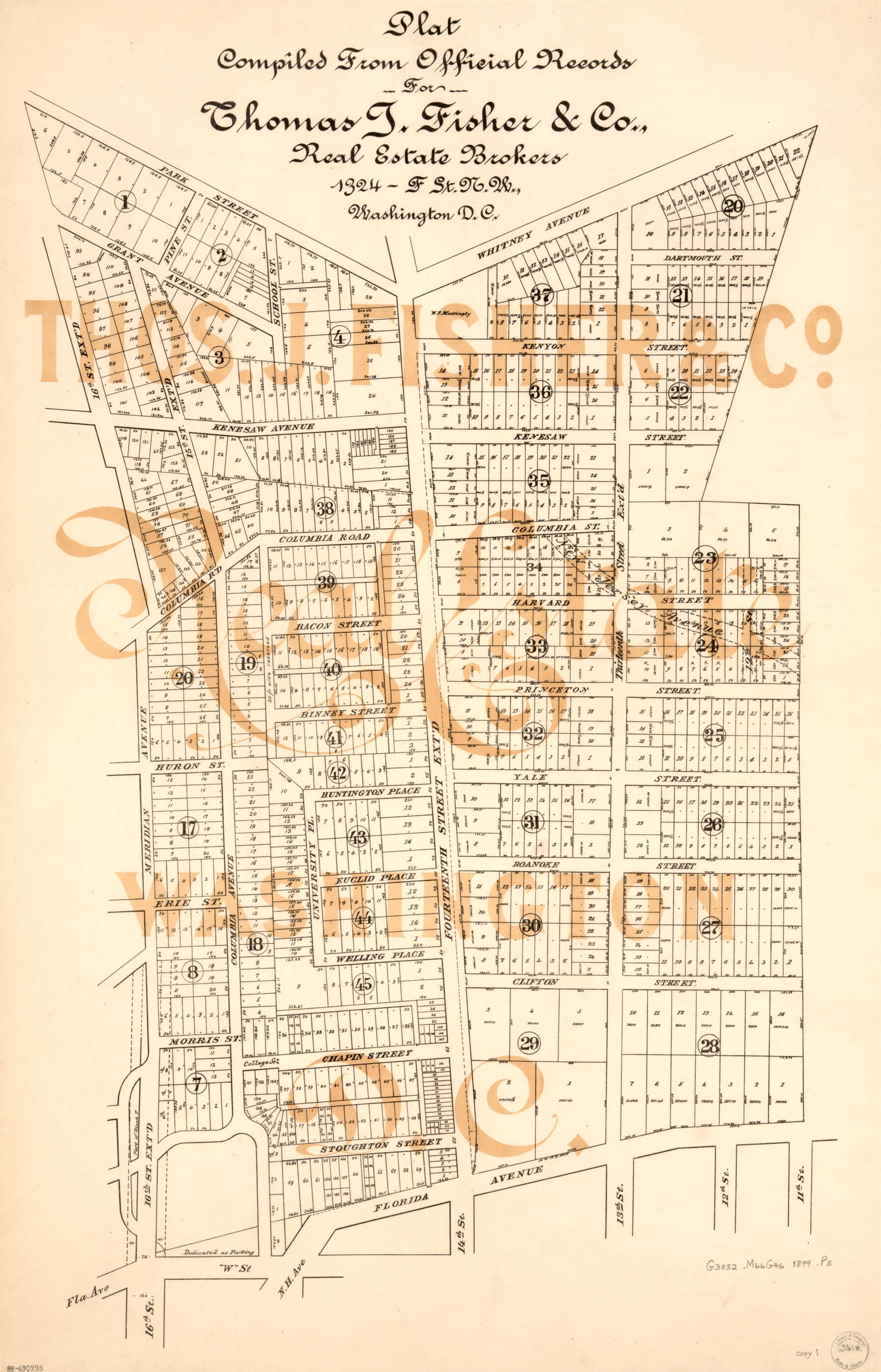 This old map of -F St. N.W., Washington D.C. : parts of Mount Pleasant, Meridian Hill, and Columbia Heights, Washington D.C. from 1899 was created by Thos. J. Fisher and Co in 1899