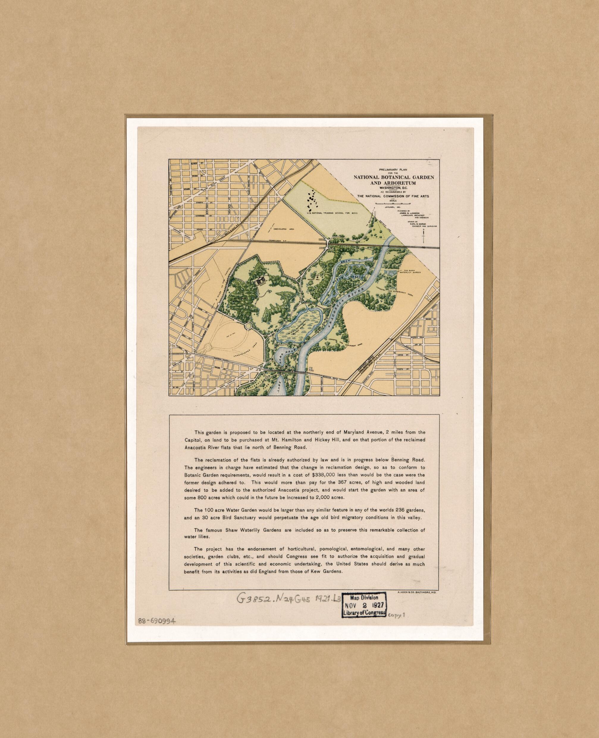 This old map of Preliminary Plan for the National Botanical Garden and Arboretum, Washington, D.C. : As Recommended by the National Commission of Fine Arts from 1921 was created by James G. Langdon, Earl G. Marsh, United States. Commission of Fine Arts