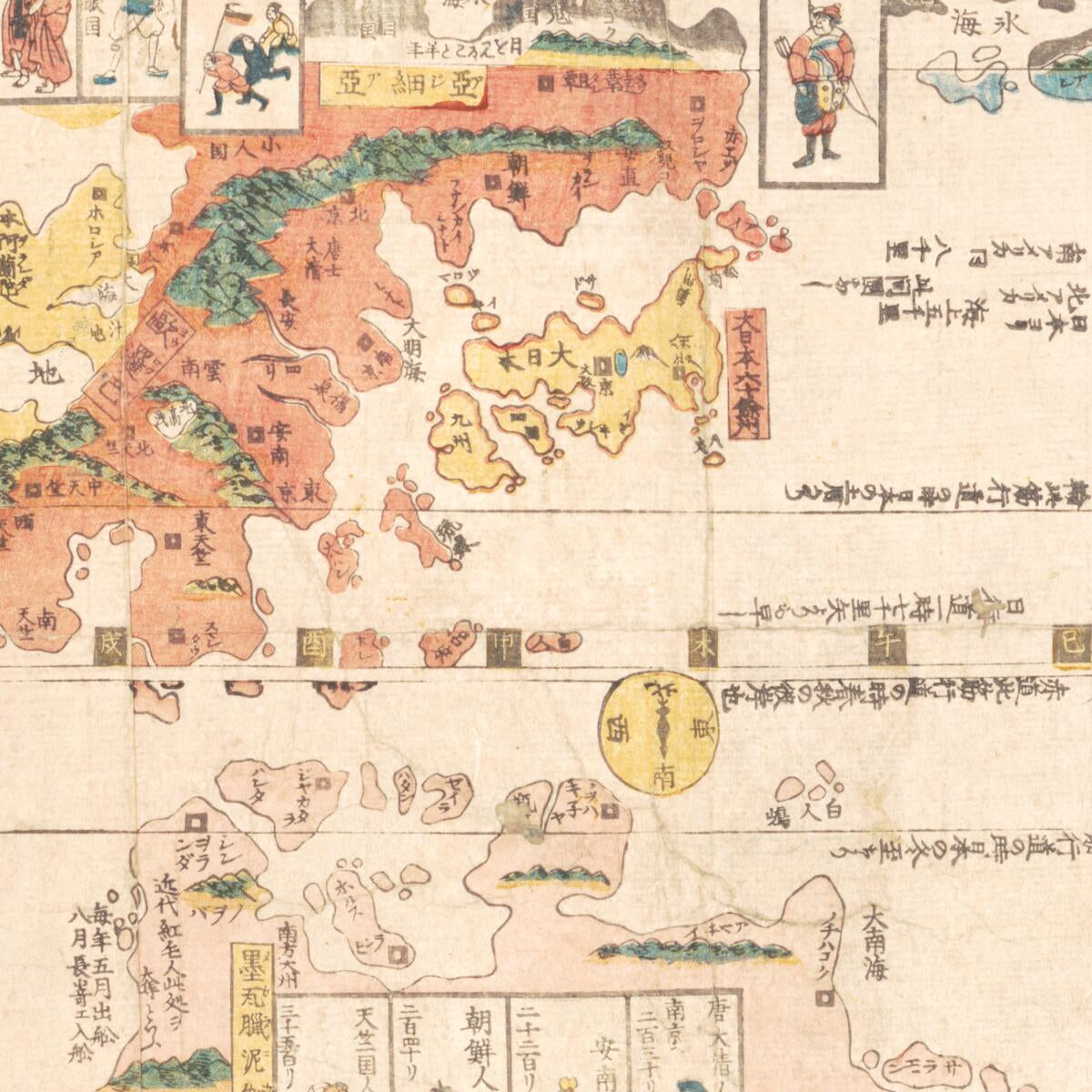 This old map of Sekai Bankoku Nihon Yori Kaijō Risū Kunijirushi ōjō Jinbutsuzu. (世界萬國日本ヨリ海上里數国印王城人物圖, Sekaizu Ichiran) from 1800 was created by  in 1800