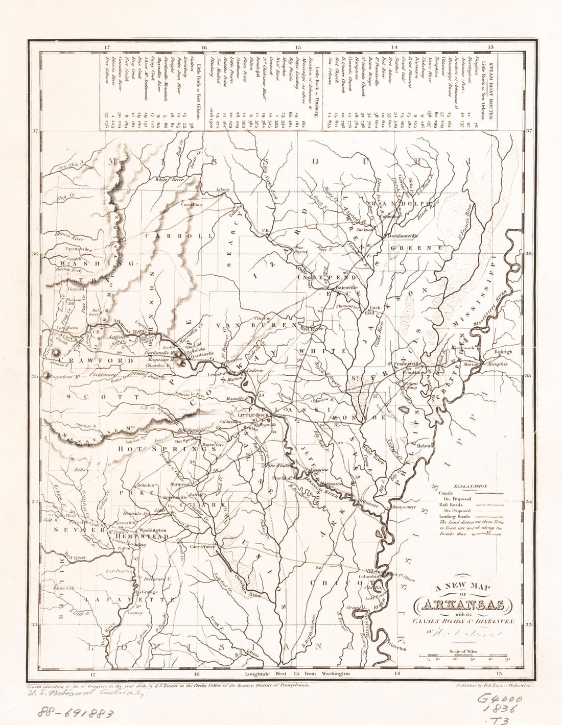 This old map of A New Map of Arkansas With Its Canals, Roads, & Distances from 1836 was created by Henry Schenck Tanner in 1836