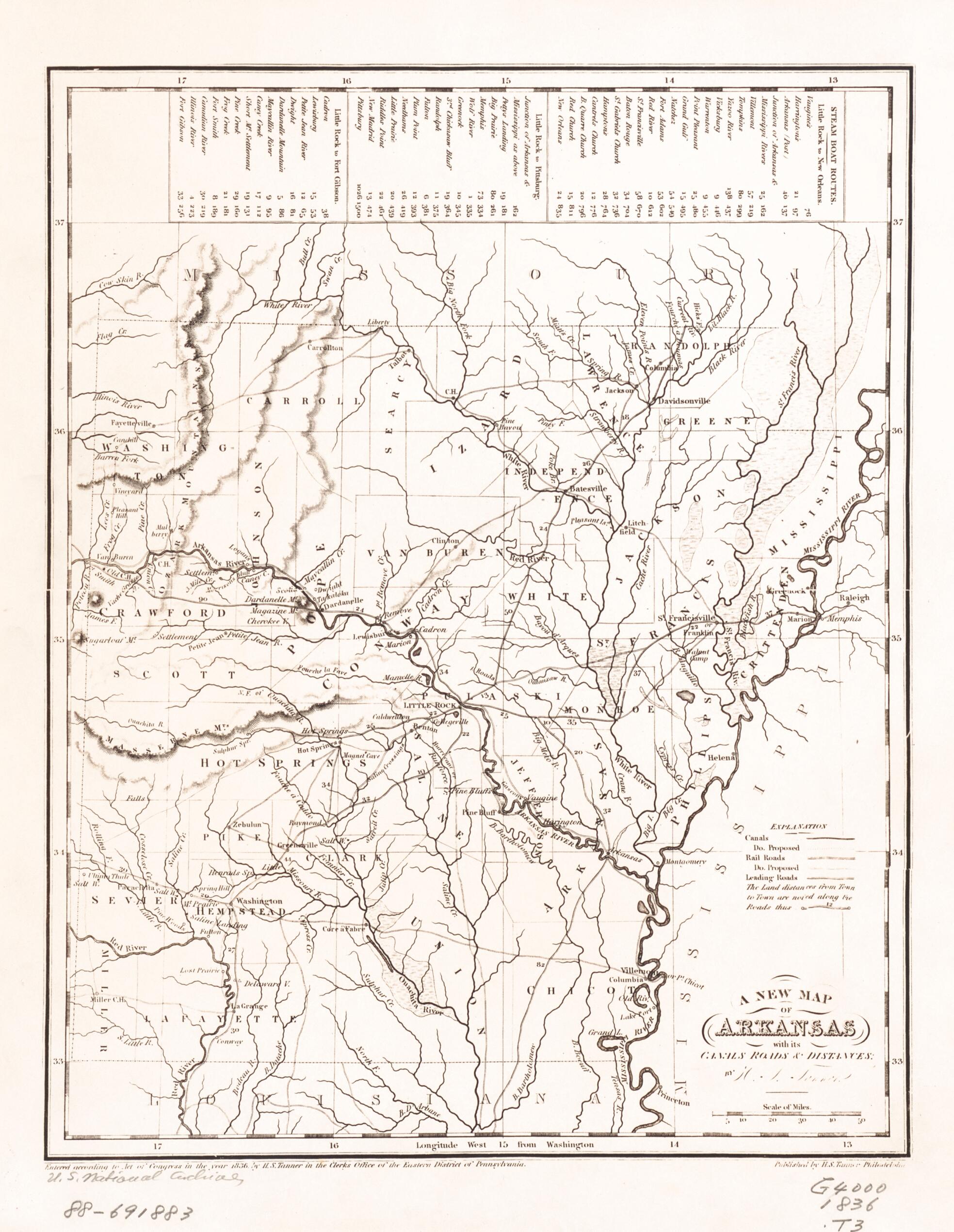 This old map of A New Map of Arkansas With Its Canals, Roads, & Distances from 1836 was created by Henry Schenck Tanner in 1836