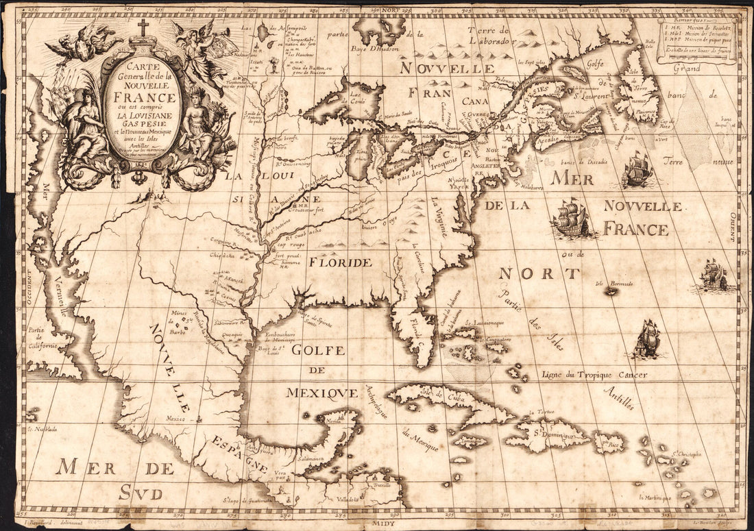 This old map of Carte Generalle De La Nouvelle France Ou Est Compris La Lovisiane, Gaspesie Et Le Nouueau Mexique Auec Les Isles Antilles, Dressee Sur Les Memoires Les Plus Nouueaux from 1691 was created by L. Boudan, Chrestien Le Clercq, I. Rouillard in
