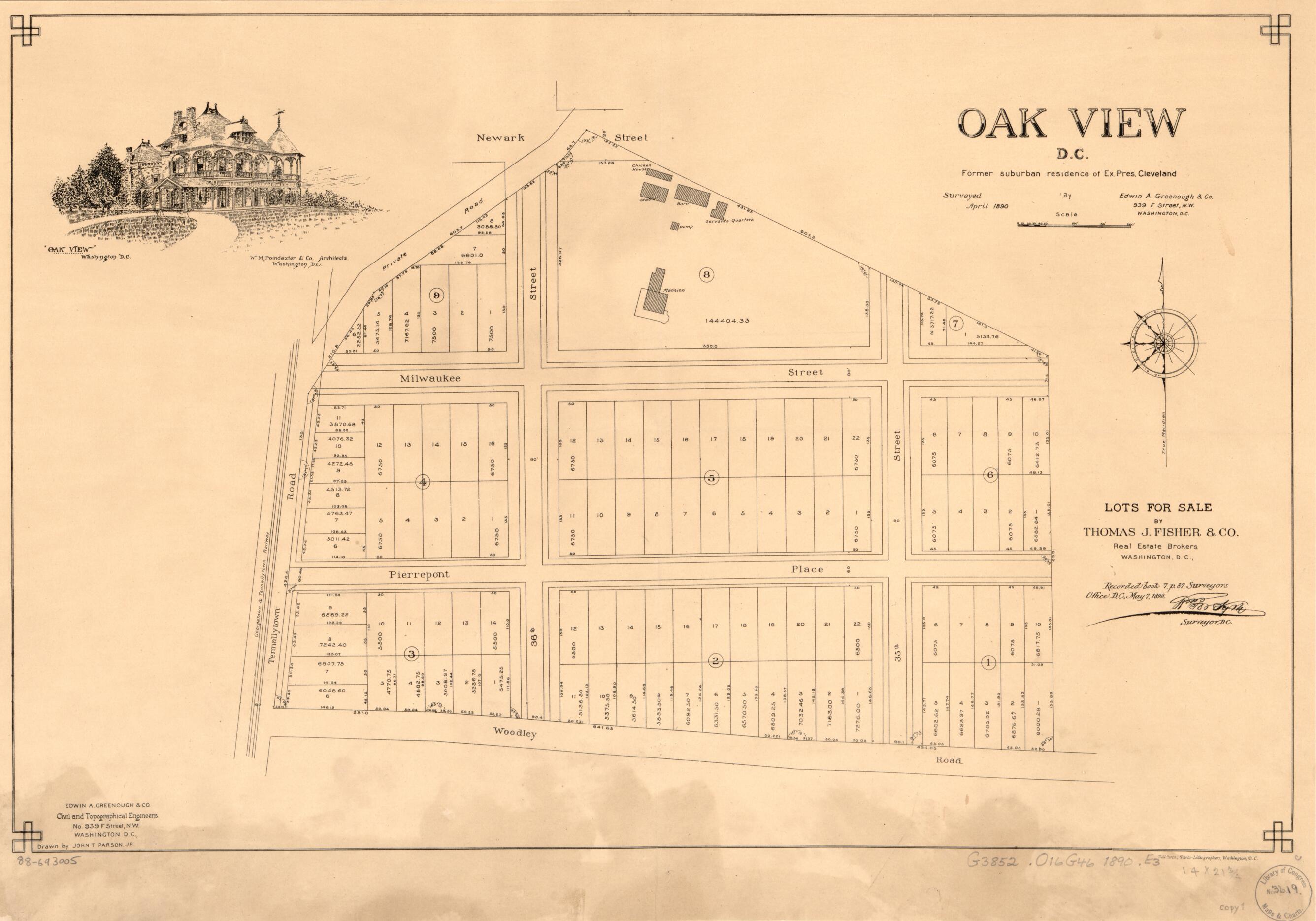 This old map of Oak View D.C., Former Suburban Residence of Ex. Pres. Cleveland from 1890 was created by District of Columbia. Office of the Surveyor, Edwin A. Greenough & Co, John T. Parson, Thos. J. Fisher and Co in 1890
