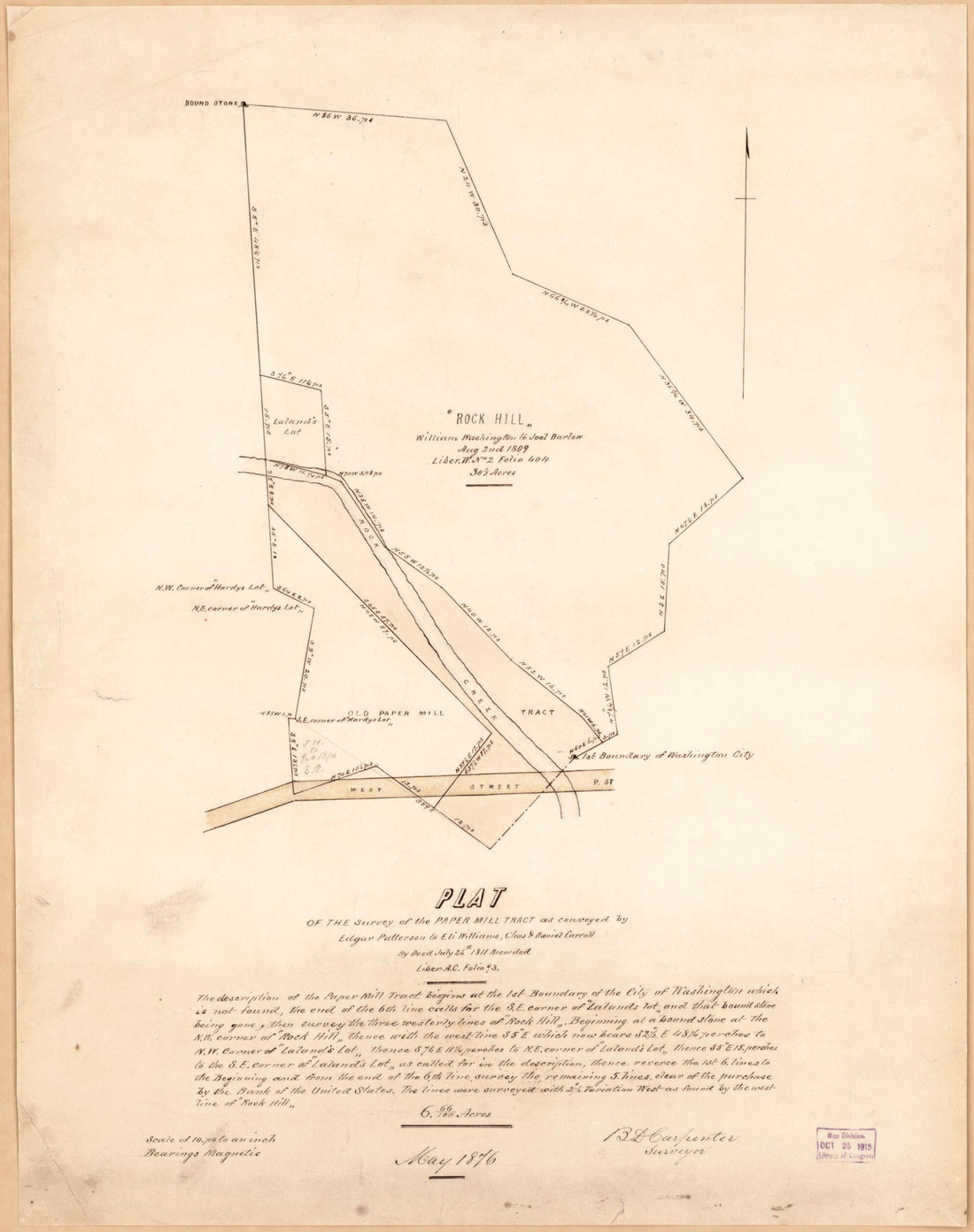 This old map of Plat of the Survey of the Paper Mill Tract : As Conveyed by Edgar Patterson to Eli Williams, Chas. & Daniel Carroll, by Deed, July 26th 1811 : Recorded Liber A.C. Folio 93 from 1876 was created by B. D. (Benjamin D.) Carpenter in 1876