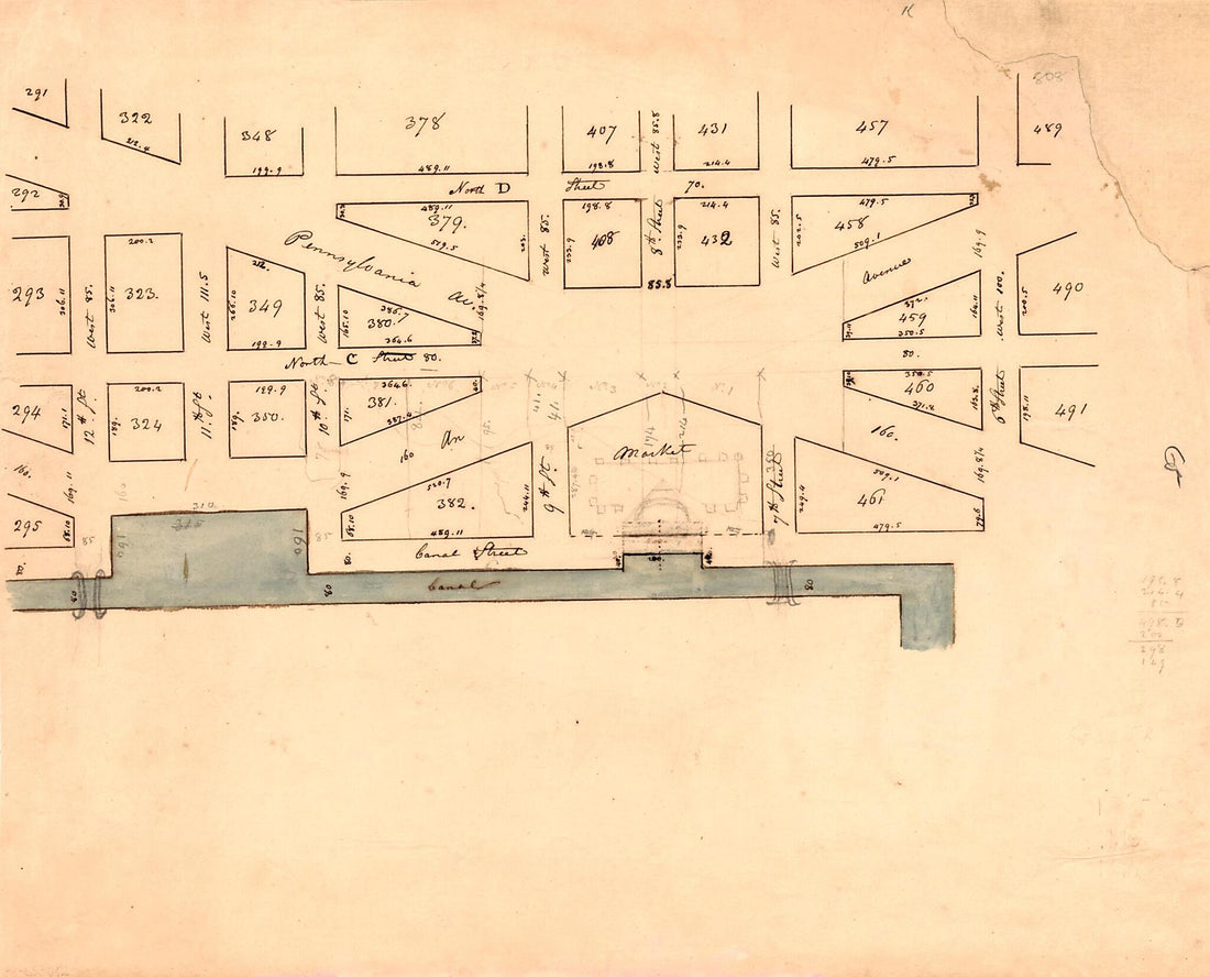 This old map of Map of Part of Pennsylvania Avenue and the Washington Canal In the Vicinity of the Center Market, N.W. Washington D.C. from 1860 was created by in 1860