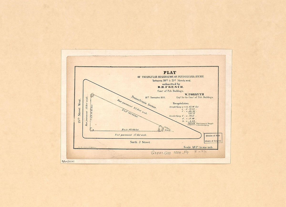 Plat of Triangular Reservation On Pennsylvania Avenue Between 20th & 21st Streets West : Washington D.C. 1854 by Relic Map Company