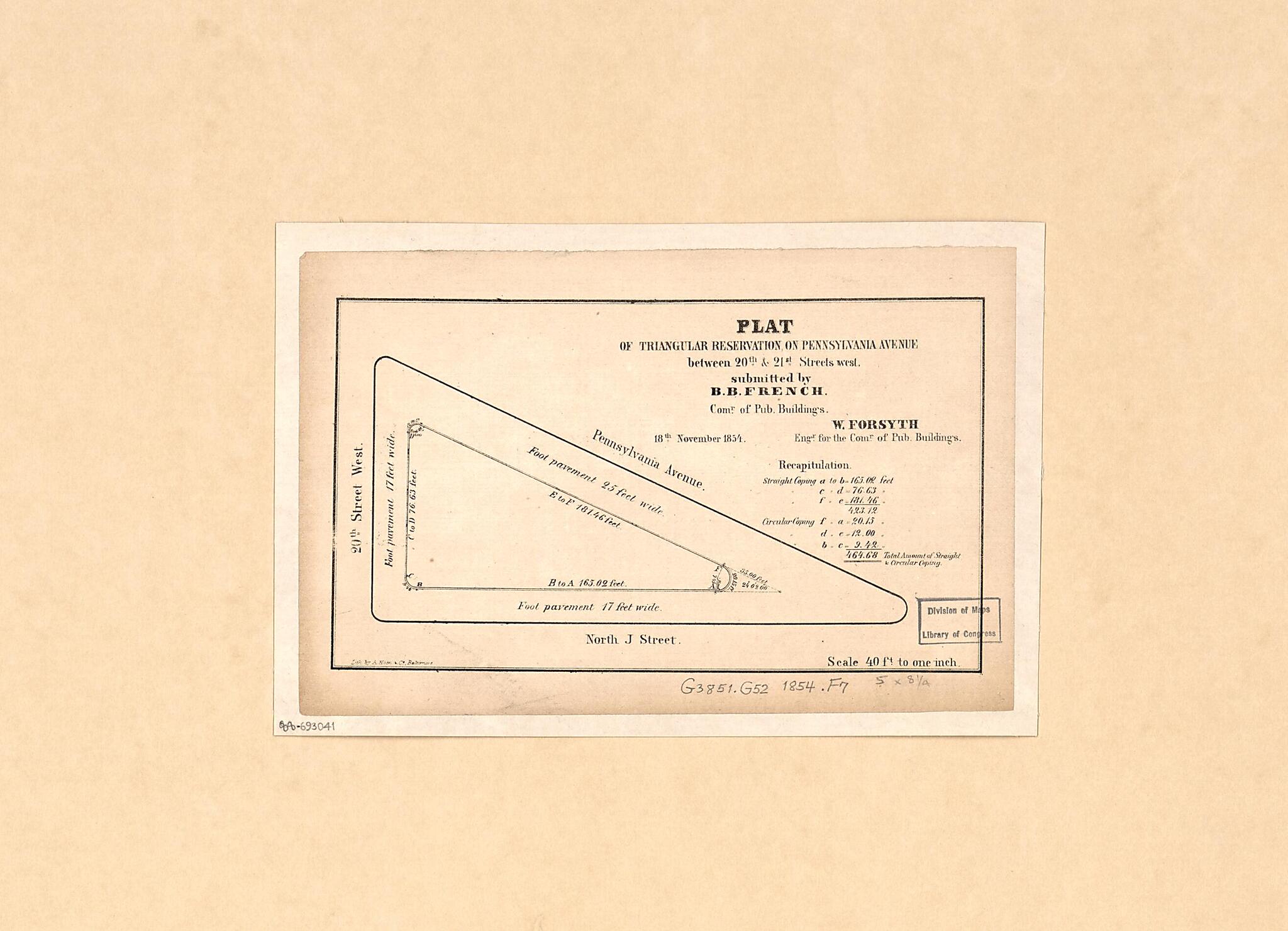 This old map of Plat of Triangular Reservation On Pennsylvania Avenue Between 20th & 21st Streets West : Washington D.C. from 1854 was created by William Forsyth, Benjamin B. (Benjamin Brown) French, United States. Commissioner of Public Buildings in 18