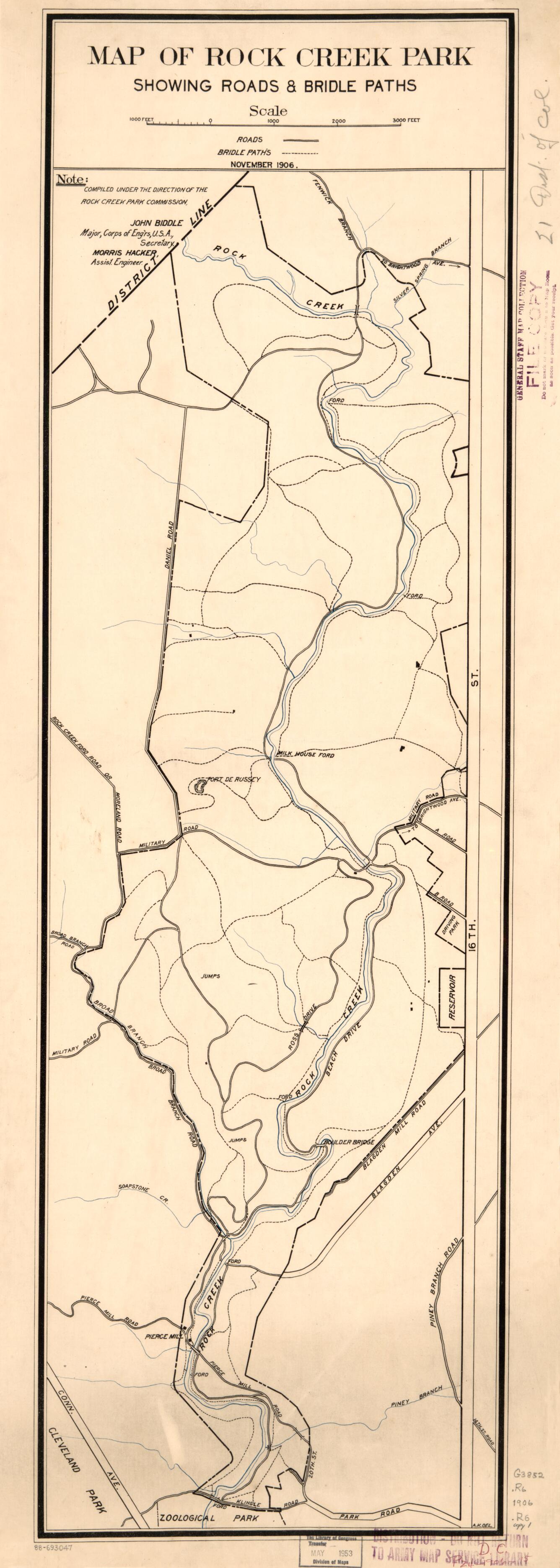This old map of Map of Rock Creek Park Showing Roads & Bridle Paths : Washington D.C. from 1906 was created by John Biddle, Morris Hacker, Rock Creek Park Commission in 1906