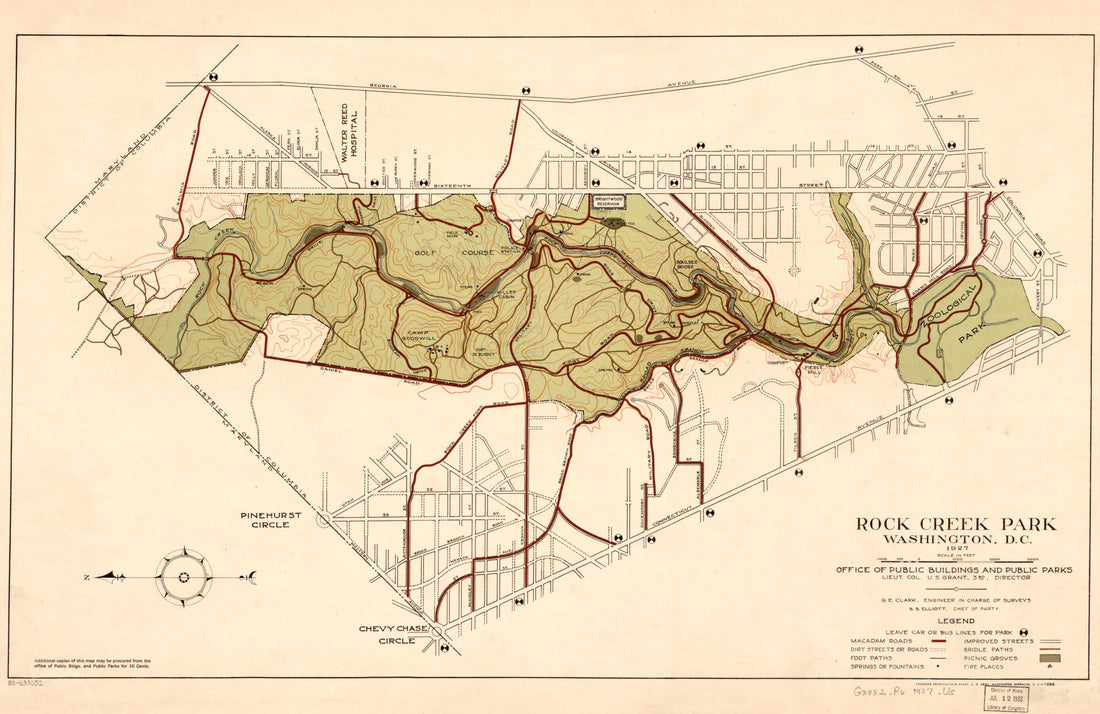 This old map of Rock Creek Park, Washington, D.C. : from 1927 was created by Geo. E. (George E.) Clark, B. S. Elliott, U. S. (Ulysses S.) Grant, United States. Army. Engineer Reproduction Plant, United States. Office of Public Buildings and Public Park