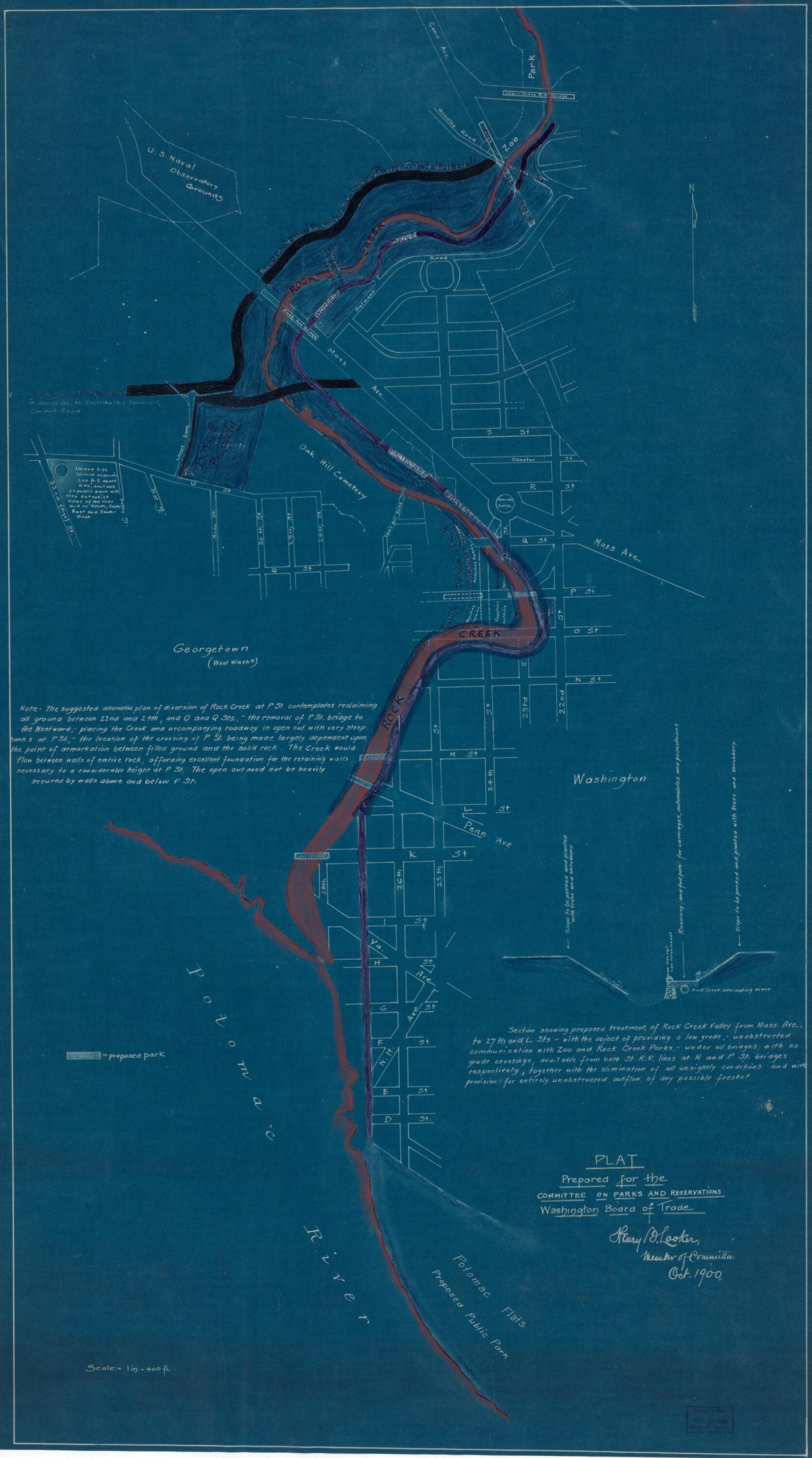 This old map of Plat Prepared for the Committee On Parks and Reservations, Washington Board of Trade : Rock Creek and Potomac Parkway, Washington D.C. from 1900 was created by Henry B. Looker, Washington Board of Trade. Committee on Parks and Reservatio