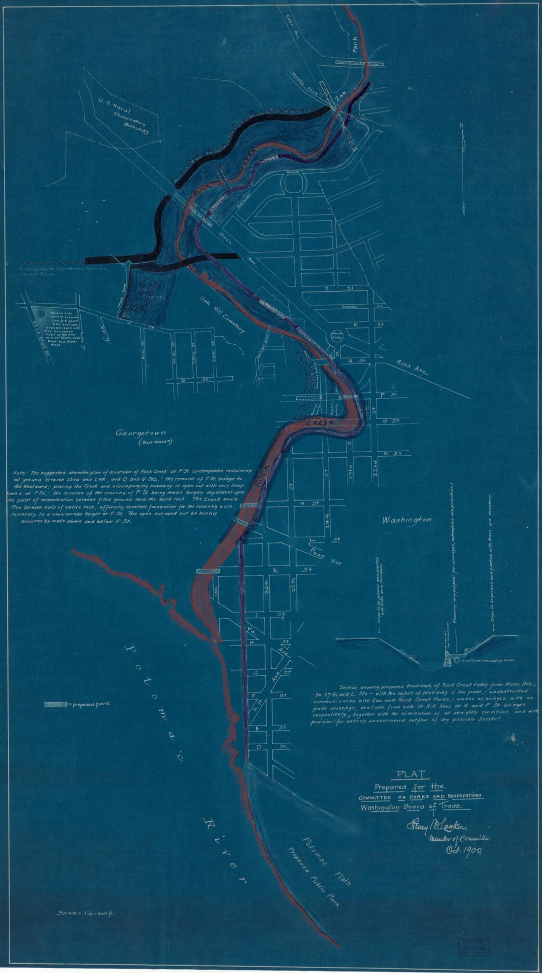 This old map of Plat Prepared for the Committee On Parks and Reservations, Washington Board of Trade : Rock Creek and Potomac Parkway, Washington D.C. from 1900 was created by Henry B. Looker, Washington Board of Trade. Committee on Parks and Reservatio