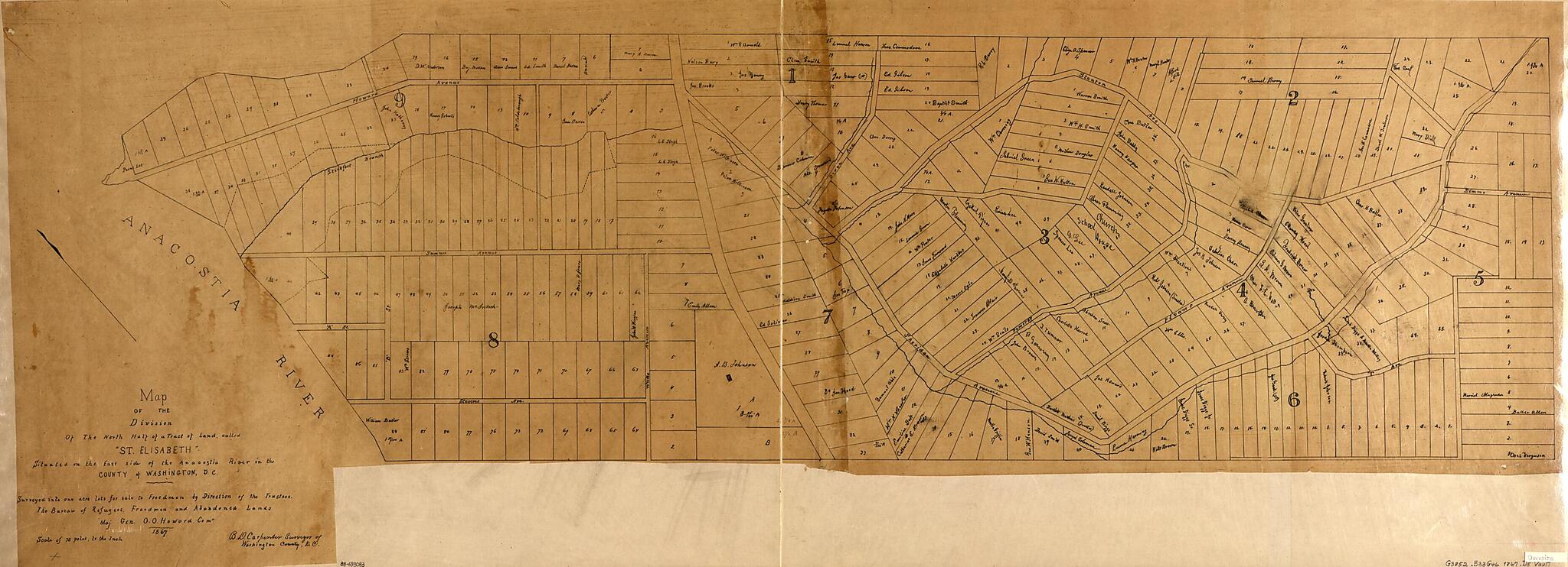 This old map of Map of the Division of the North Half of a Tract of Land Called St. Elisabeth, Situated On the East Side of the Anacostia River In the County of Washington, D.C. : Surveyed Into One Acre Lots for Sale to Freedmen from 1867 was created by