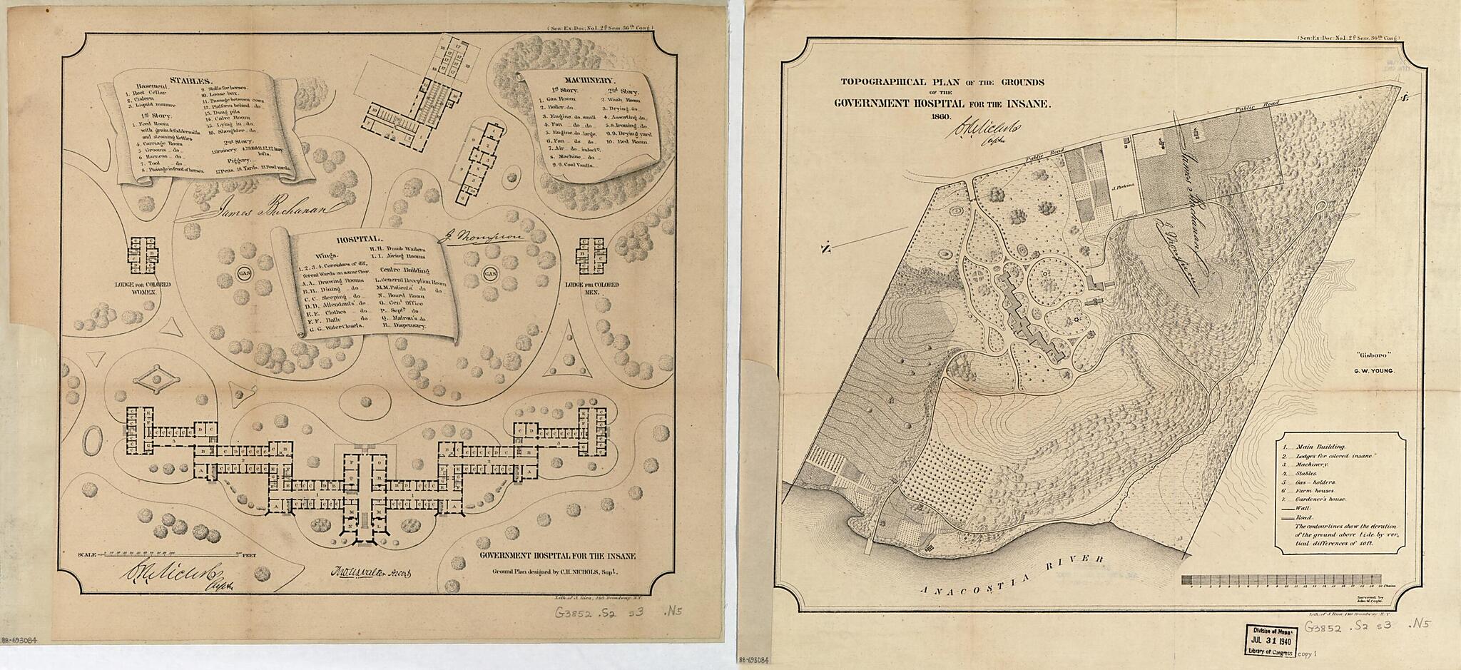 This old map of Maps of Saint Elizabeths Hospital, Washington D.C. from 1860 was created by John M. Coyle, Charles H. (Charles Henry) Nichols, United States. Congress. Senate, Thomas Ustick Walter in 1860