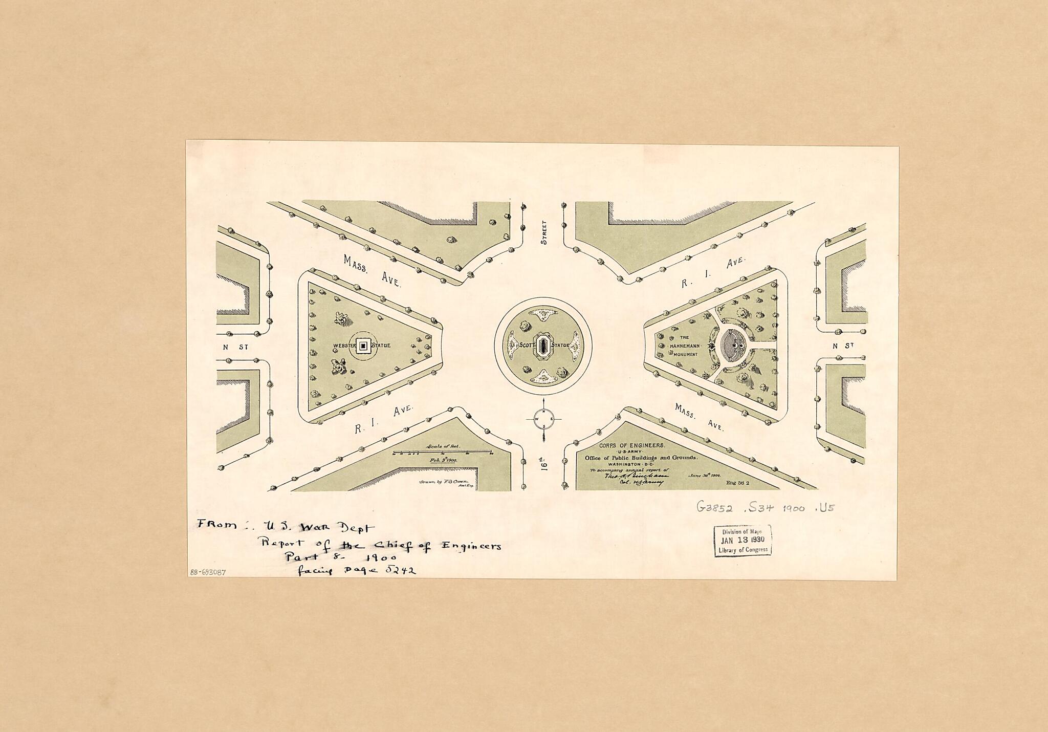 This old map of Map of Scott Circle N.W., Washington D.C., and Adjacent Parklands from 1900 was created by Theo. A. (Theodore Alfred) Bingham, F. D. Owen, United States. Office of Public Buildings and Grounds, United States. War Department in 1900