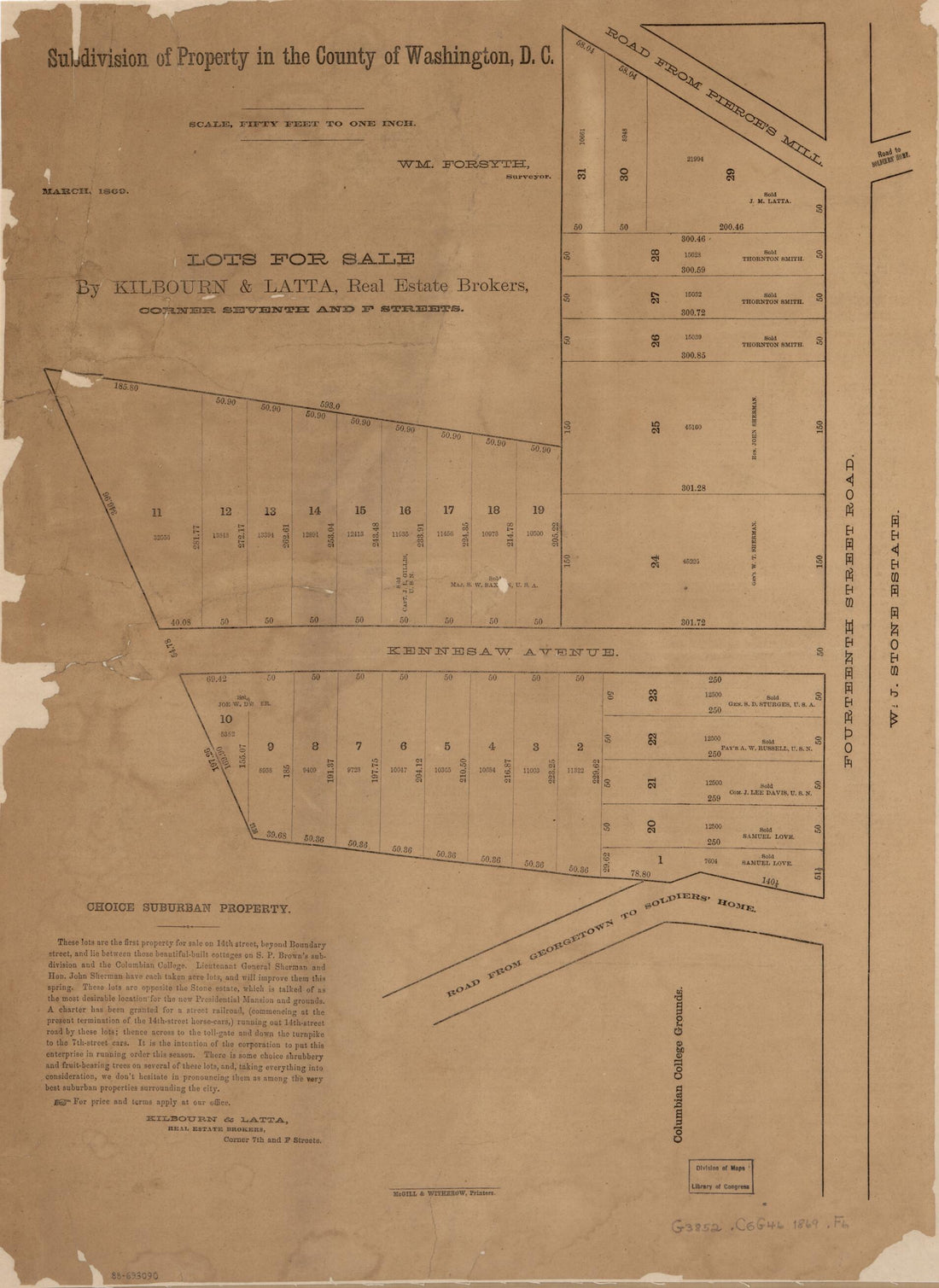 This old map of Subdivision of Property In the County of Washington, D.C from 1869 was created by William Forsyth, Kilbourn & Latta in 1869