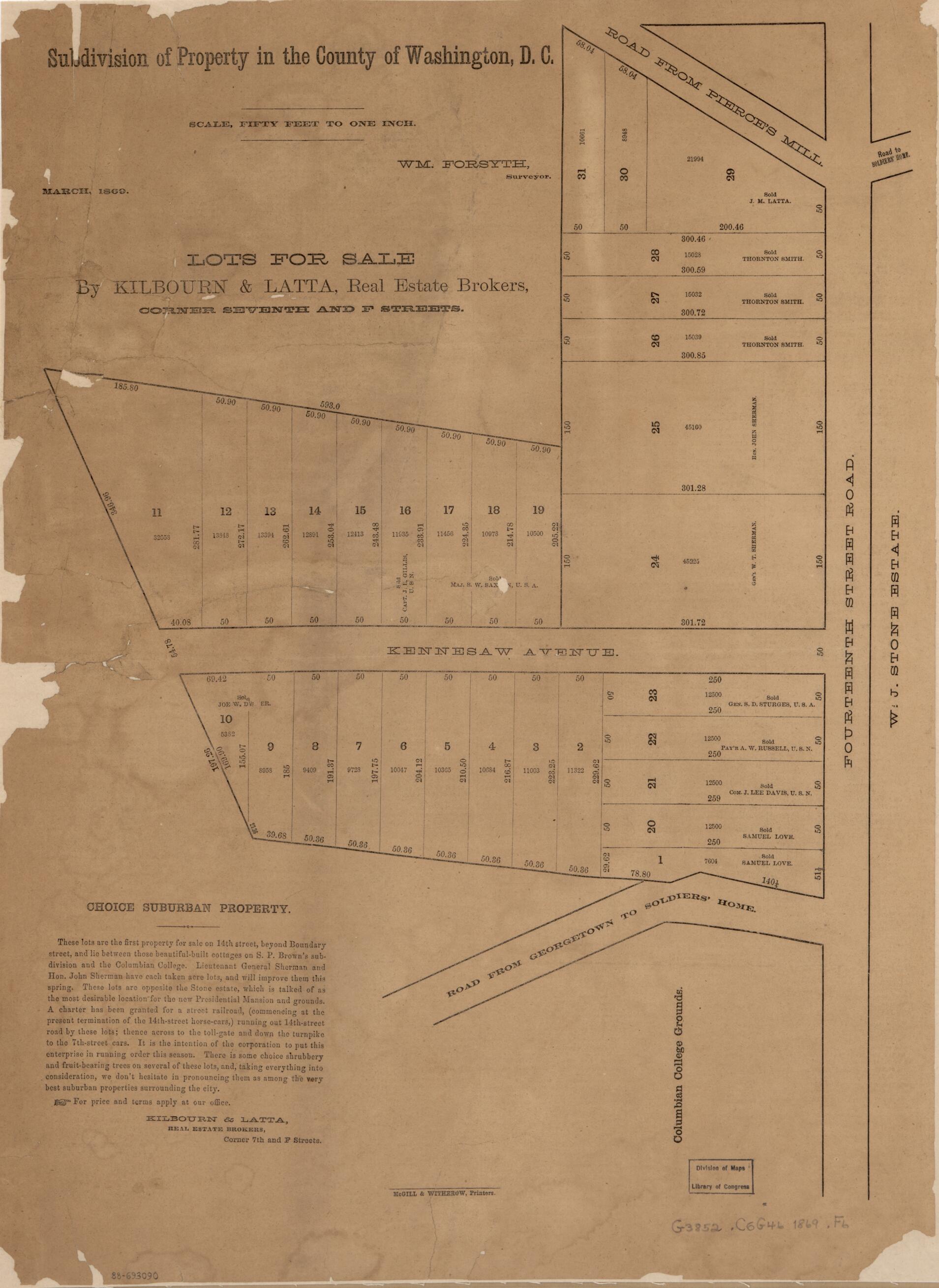 This old map of Subdivision of Property In the County of Washington, D.C from 1869 was created by William Forsyth, Kilbourn & Latta in 1869