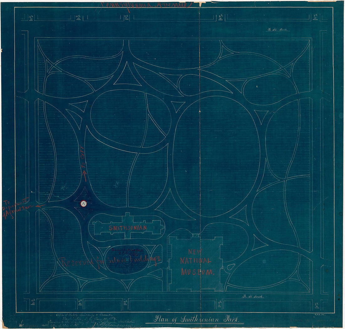 This old map of Plan of Smithsonian Park : part of the Mall, Washington D.C. from 1882 was created by United States. Office of Public Buildings and Grounds in 1882
